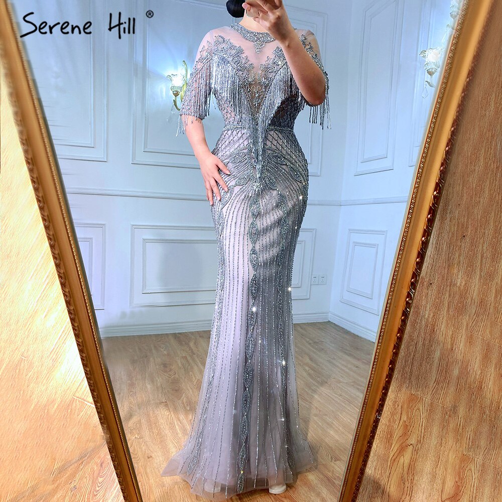 Serene Hill Luxury Grey Mermaid Evening Dress 2025 - Half Sleeve Beaded Tassel Gown for Women | Elegant Prom, Wedding & Cocktail Party Wear