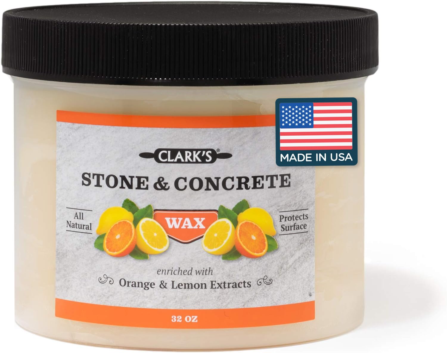 CLARK'S Natural Stone Wax - Carnauba & Beeswax Sealant for Soapstone, Slate & Concrete Countertops - Kitchen & Bath Protection - Lemon & Orange Extract Enriched - 32oz Large Size - Ideal for Sealing, Shining & Protecting Natural Stone Surfaces in Homes & Restaurants