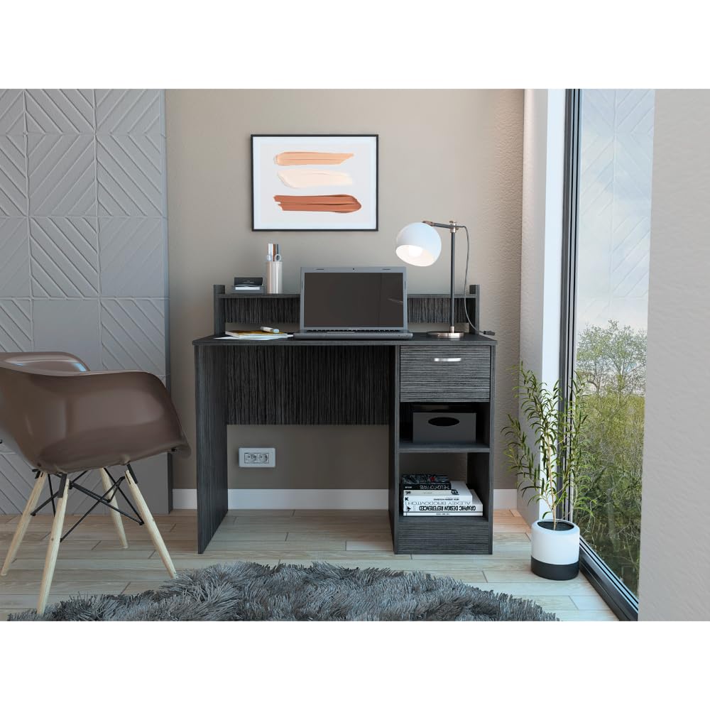 Tuhome Manaos 40-Inch Wide Writing Computer Desk with Multiple Shelves & Drawer - Smokey Oak Finish | Perfect for Home Office, Study Room & Small Workspace