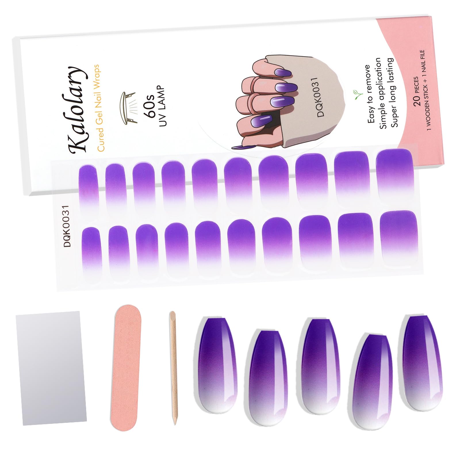 20PCS Kalolary Gradient Purple Gel Nail Polish Strips - Waterproof Nail Wraps & Stickers with Nail File for Women & Girls - UV/LED Lamp Required - Perfect for Home Manicures, Parties & Special Occasions