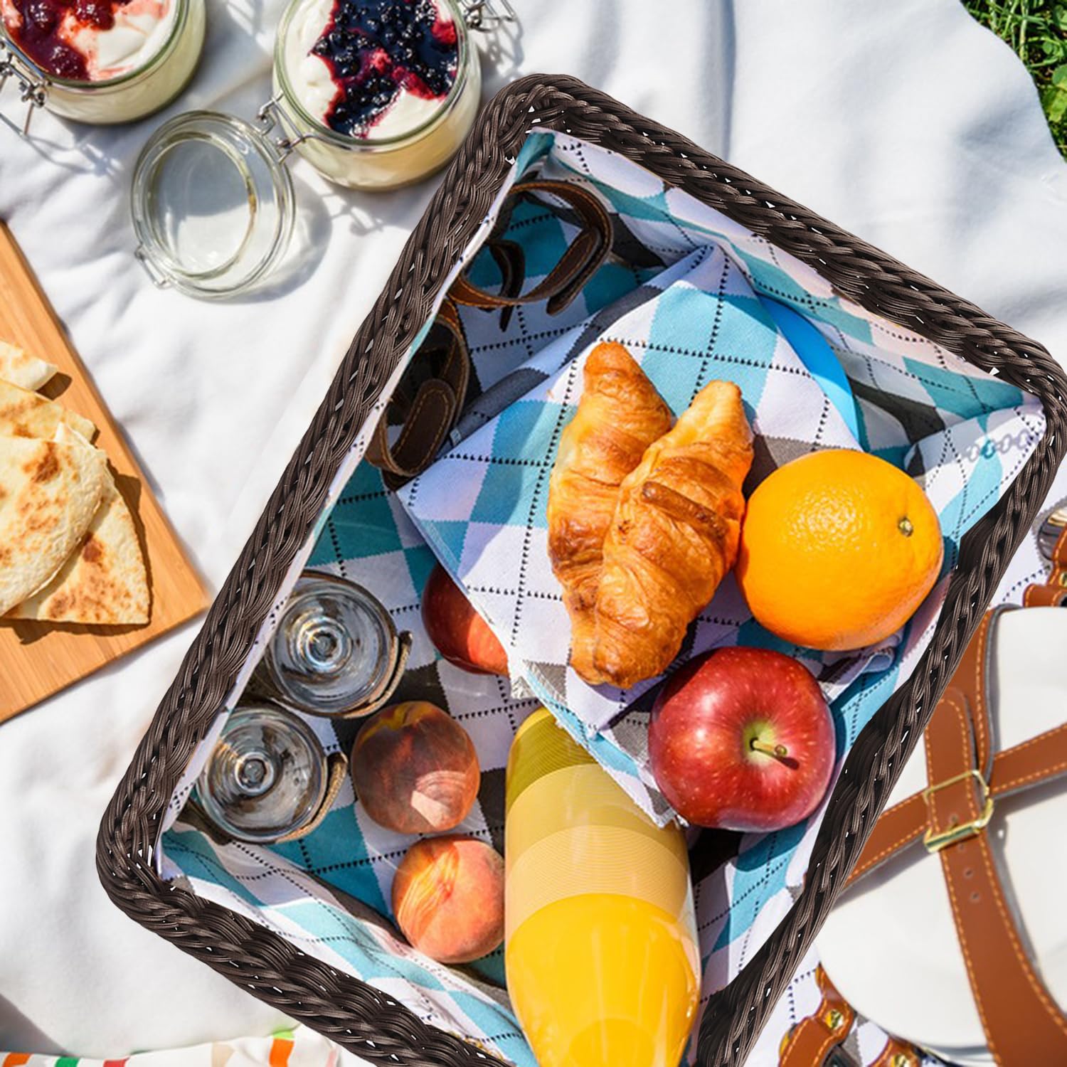 4-Piece 16x12 Inch Wicker Bread Baskets Set - Handwoven Rattan Serving Trays for Restaurants, Bakeries & Home Use - Perfect for Displaying Bread, Fruits, Vegetables, Snacks & Coffee - Ideal for Dining Tables, Buffets, Brunch Parties & Kitchen Storage