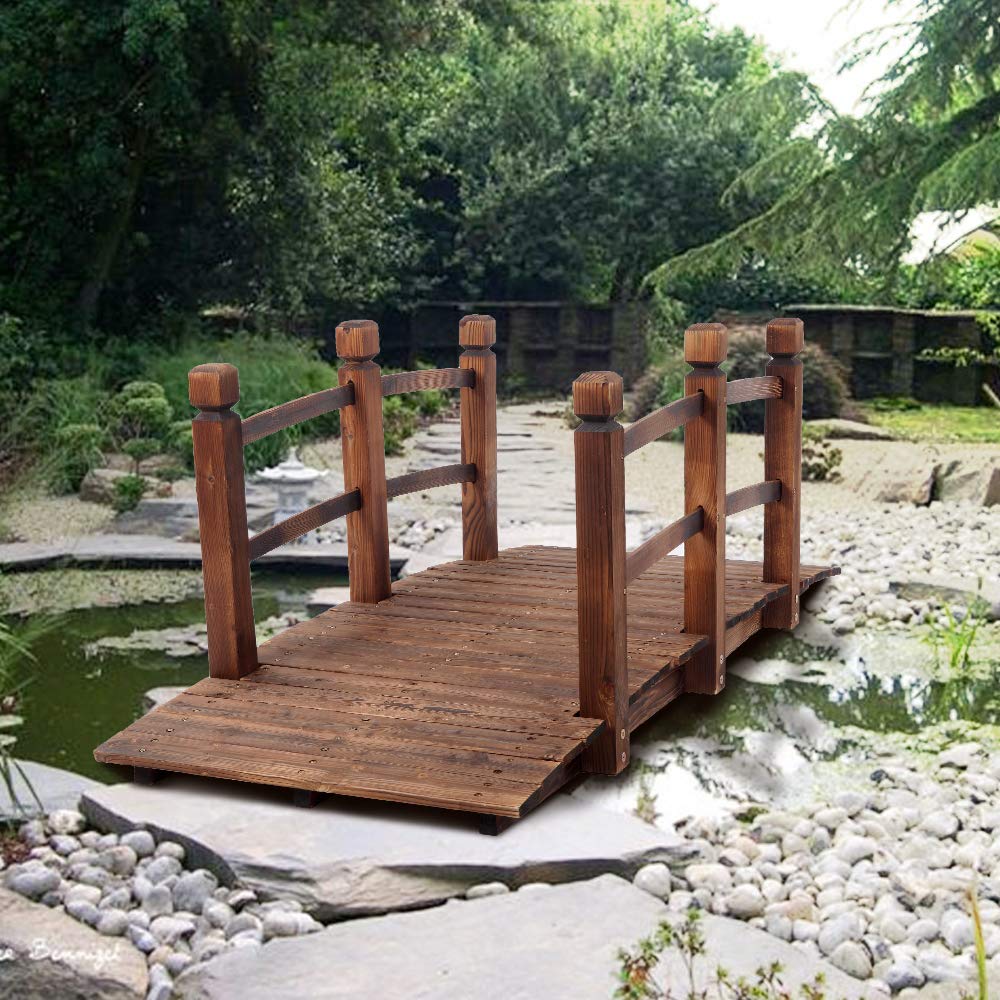 Rustic Wooden Garden Arch Bridge with Safety Railings - Carbonized Decorative Landscape Bridge for Courtyard, Backyard & Outdoor Wedding Decor | Perfect for Pathways, Water Features & Japanese Zen Gardens