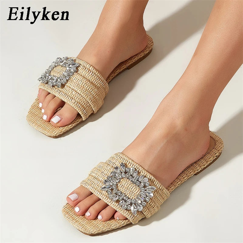 Sparkly Rhinestone Women's Summer Slippers - Crystal Flat Sandals with Glitter Diamonds for Beach, Pool, Home & Outdoor Comfort (Zapatos Mujer) - Perfect for Vacation, Bridal Showers & Relaxing by the Water