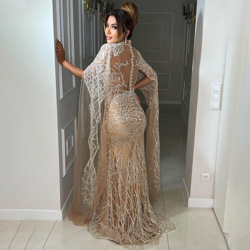 Elegant Beaded Evening Gown with High Collar & Cape Sleeves - Luxury Mermaid Dress for Women 2025 | Perfect for Prom, Gala & Formal Events