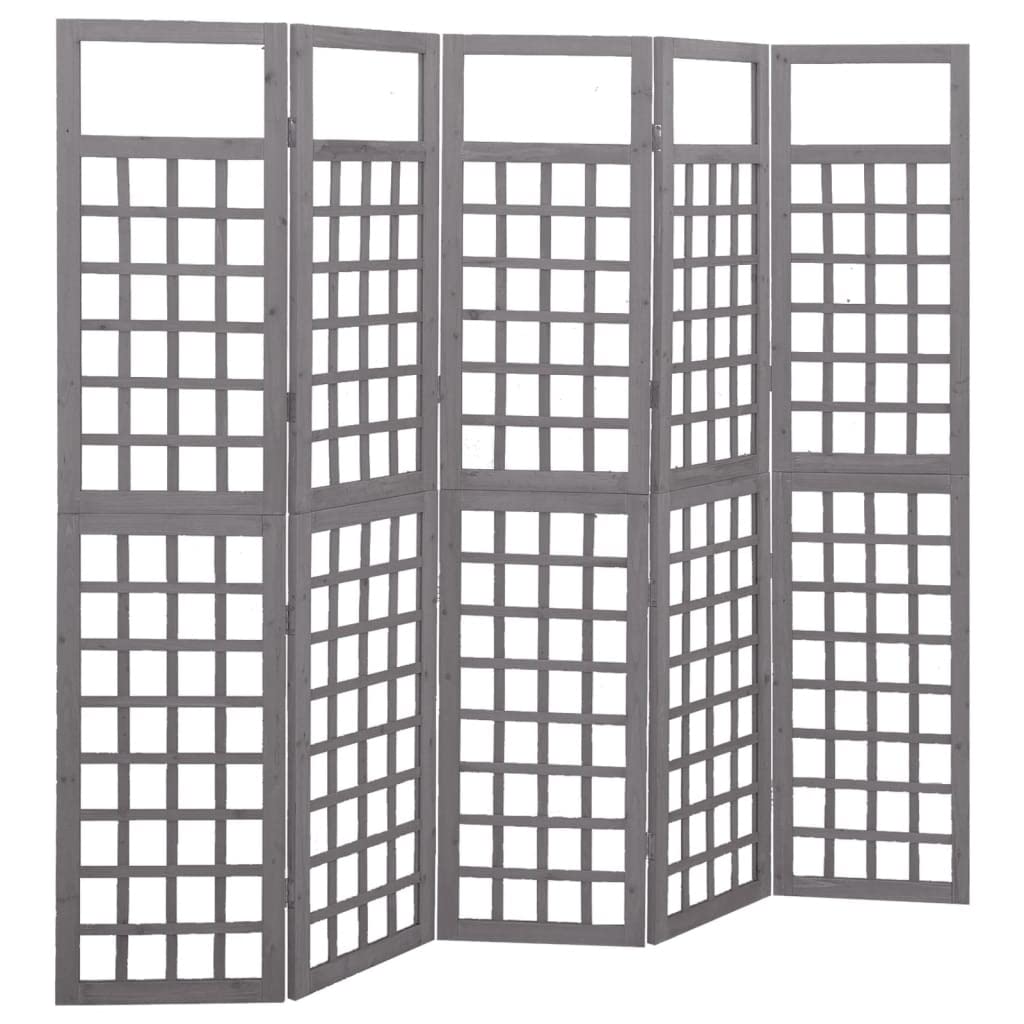 CHARMMA 5-Panel Room Divider with Trellis Design - Solid Fir Wood Screen in Gray (79.3