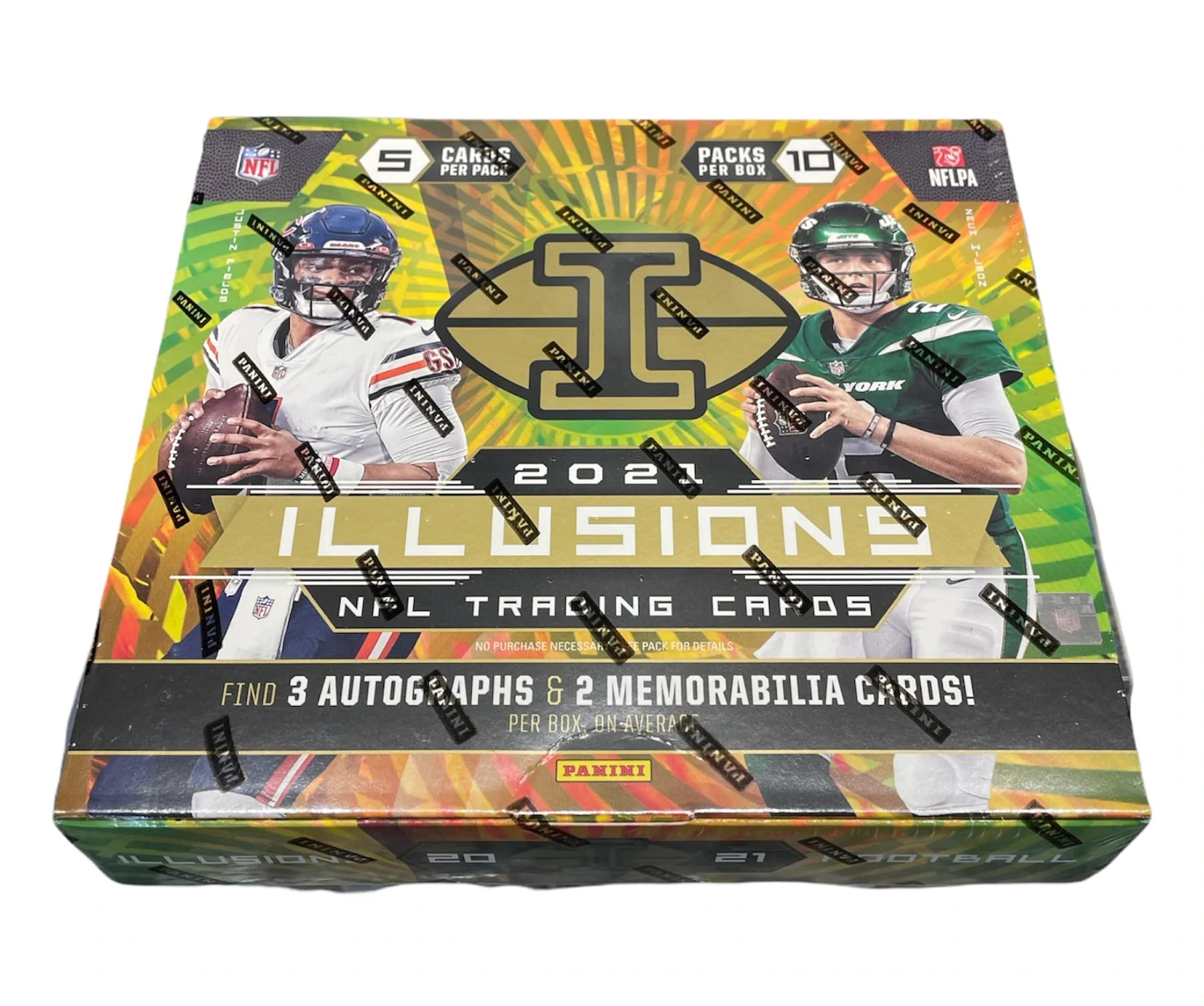 2021 Panini Illusions Football Hobby Box - 10 Packs (5 Cards Each) with 3 Autographs & 2 Memorabilia Cards | NFL Trading Cards Collection for Collectors & Fantasy Football Fans