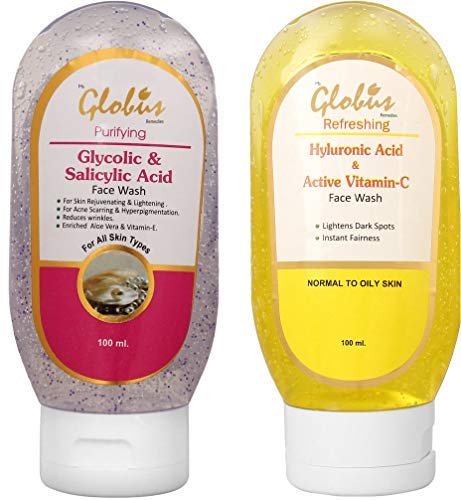 GLOBUS REMEDIES Anti-Acne Face Wash with Glycolic & Salicylic Acid 100ml + Vitamin C & Hyaluronic Acid Brightening Face Wash 100ml Combo Pack | Clears Breakouts & Evens Skin Tone | Perfect for Oily, Acne-Prone Skin & Dull Complexions
