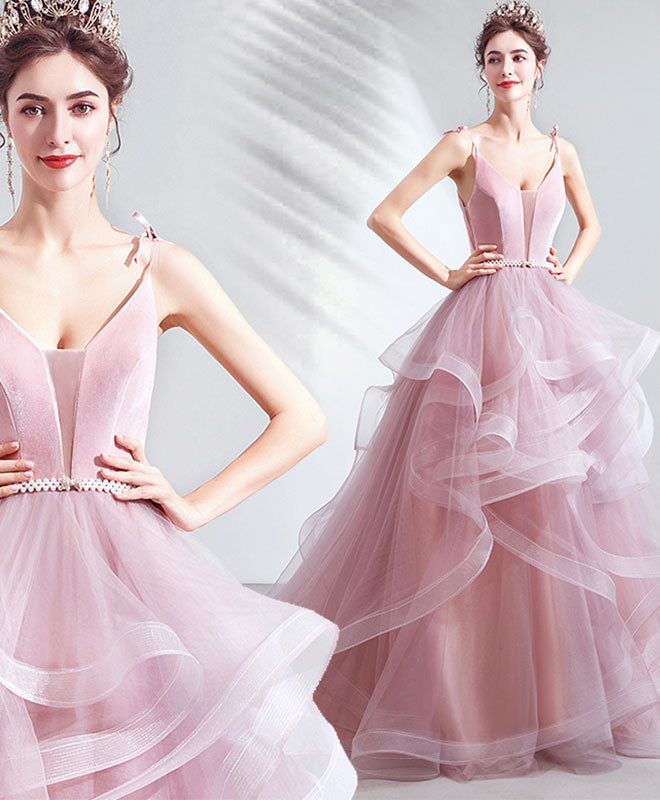 Elegant Pink V-Neck Tulle Long Prom Dress for Women - Formal Evening Gown for Homecoming, Ball & Special Occasions