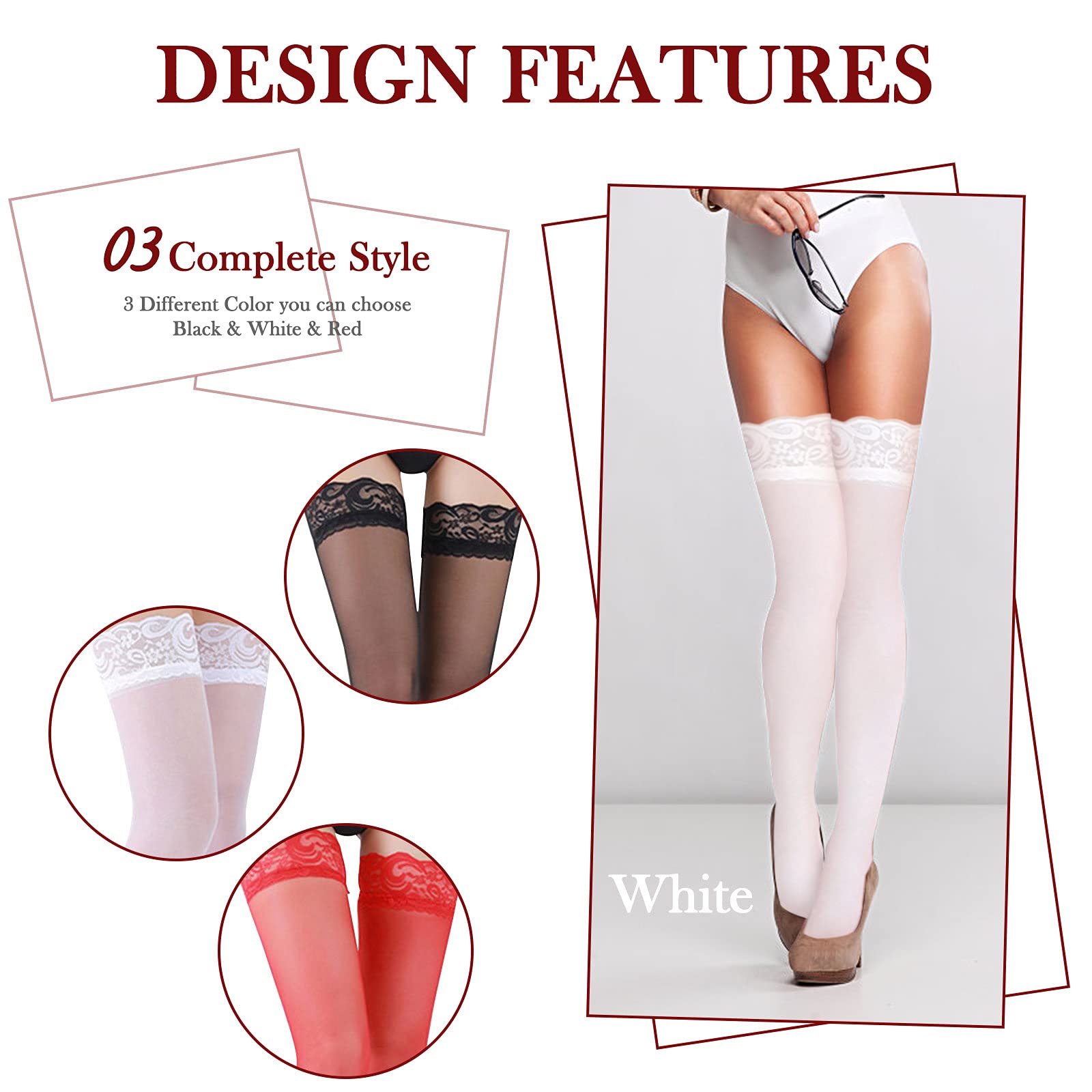 3 Pairs Women's Lace Thigh High Stockings - Anti-Slip Hold Up Semi-Sheer Silk Tights for Women & Teens - Valentine's Day Gift, Date Night, Party Wear, Cosplay Costume Accessories