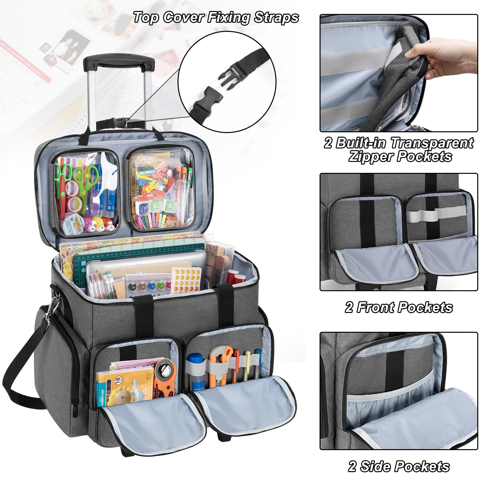 CURMIO Rolling Scrapbook Tote with Wheels - Portable Scrapbook Storage Bag with Detachable Trolley & Wooden Base | Craft Organizer for Scrapbooking Supplies (Gray) | Perfect for Craft Fairs, Workshops & Home Organization
