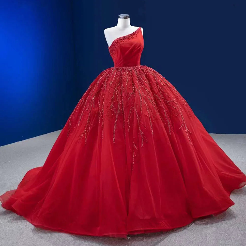 Serene Hill Red Elegant One Shoulder Lace-Up Pearl Beaded Luxury Wedding Dress 2025 | Custom Made Bridal Gown HM222191 | Perfect for Beach Weddings, Vow Renewals & Formal Evening Events