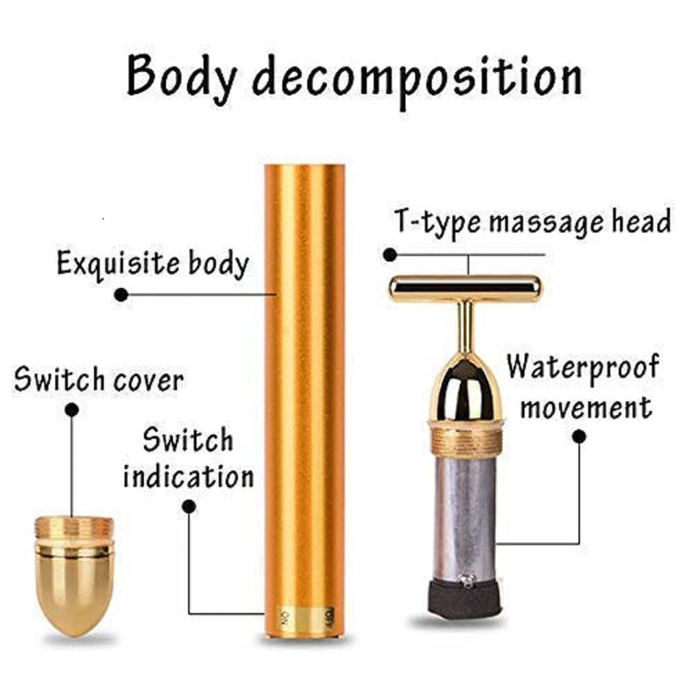 24K Gold Electric Vibration Facial Massager - Waterproof Anti-Wrinkle T-Shaped Massage Roller for Face, Neck & Body Care | Rechargeable Skin Tightening Device for Forehead, Cheeks, Clavicle, Arms & Legs | At-Home Spa Treatment & Travel Beauty Essential
