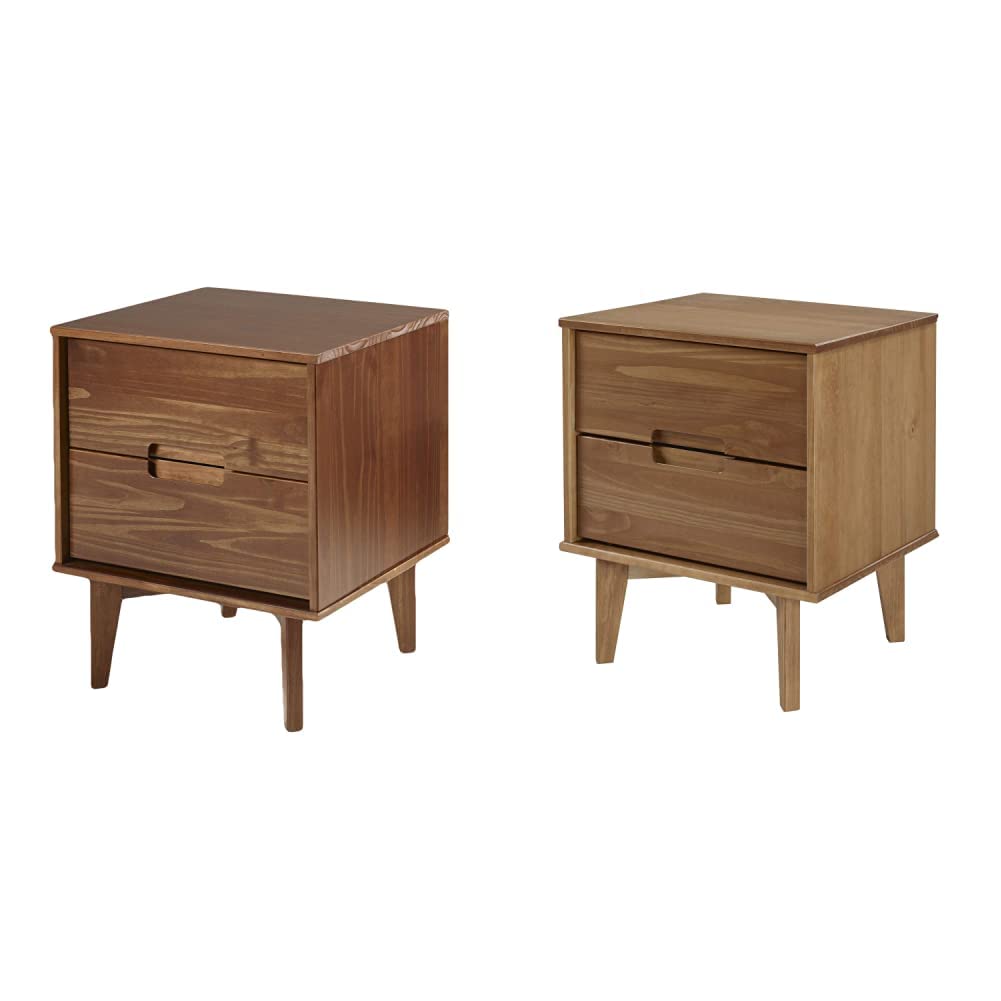 Walker Edison Mid Century Modern Wood Nightstand with 2 Drawers & Grooved Handles - Walnut & Caramel Finish - Bedroom Side Table for Home Decor & Storage Solutions