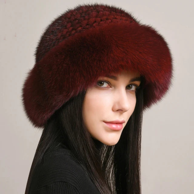 Luxury Handmade Knitted Mink Fur Hat with Real Fox Fur - Women's Winter Fashion Accessory for Cold Weather, Outdoor Activities & Holiday Gifts