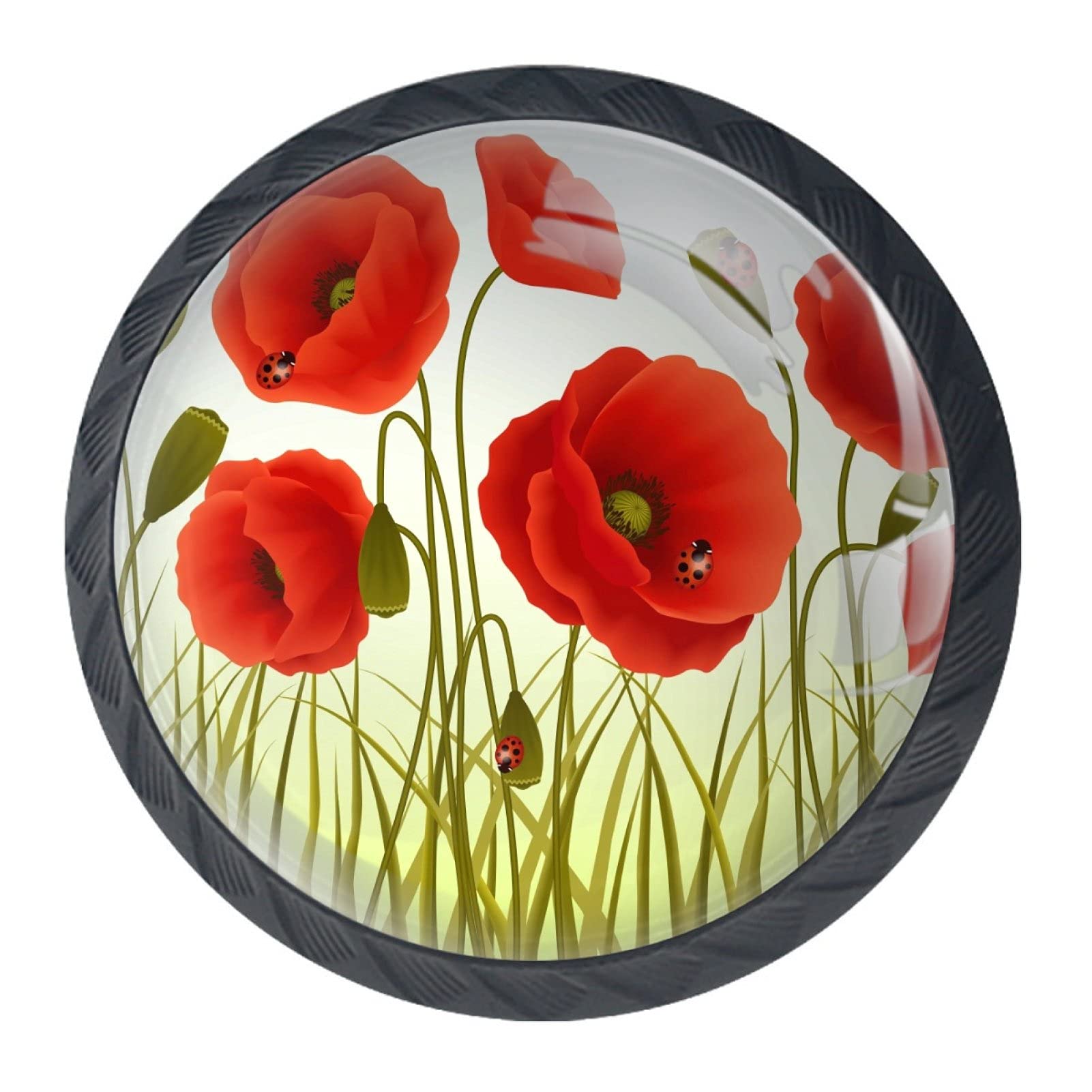 WARMFM Ladybugs & Red Poppy Cabinet Knobs - Round Drawer Hardware for Dresser, Kitchen Cabinets, Bedroom Furniture - Perfect for Home, Office & Dining Room Decor (Set of 10)