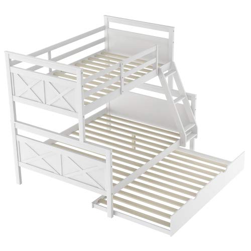 Twin Over Full Bunk Bed with Twin Trundle - Solid Wood Loft Bed Frame with Slanted Ladder & Full-Length Guardrail - Converts to 2 Separate Beds - Ideal for Kids, Teens & Small Bedrooms - Perfect for Shared Rooms, Sleepovers & Space-Saving Solutions - White