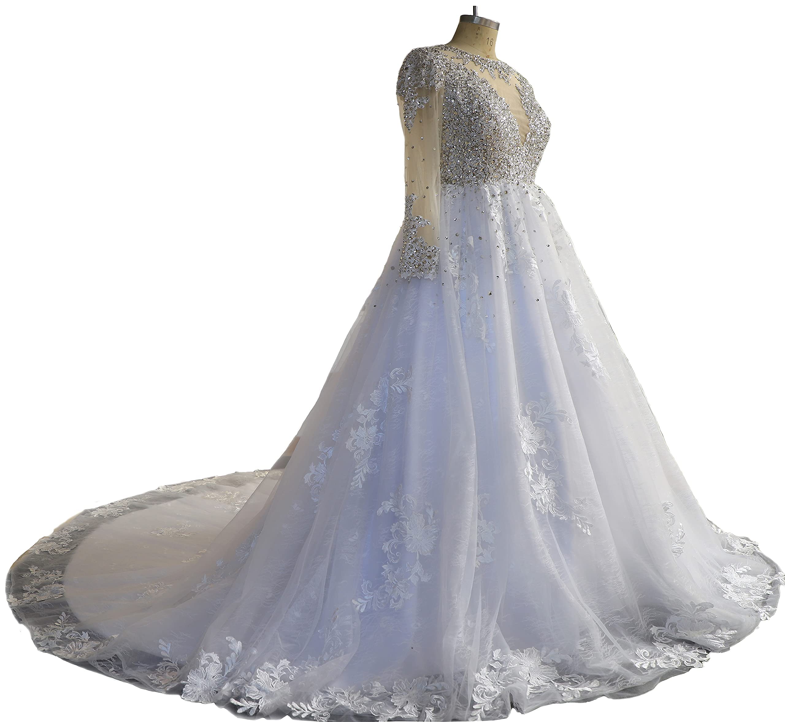 Ivory White Long Sleeve Beaded Crystal Wedding Dress with Lace Long Train - Elegant Bridal Gown for Church Ceremony, Beach Wedding, and Formal Reception