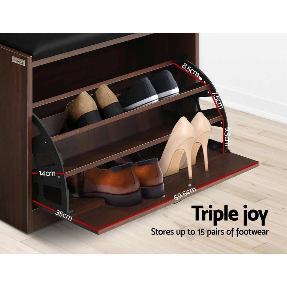 15-Pair Walnut Shoe Bench Cabinet - Entryway Shoe Storage Organizer for Hallway, Mudroom & Closet Organization