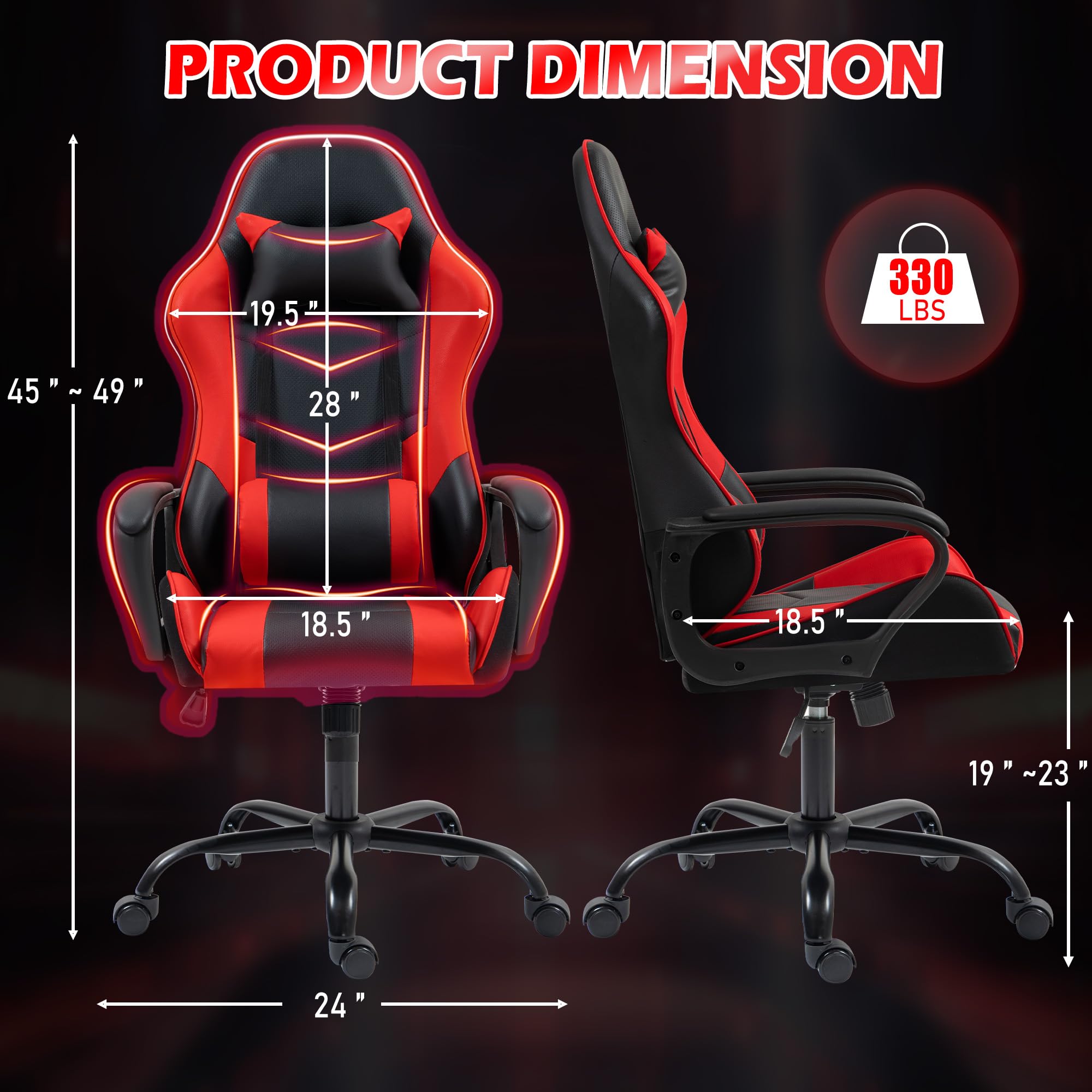 Premium ECOTOUGE Gaming Chair - Ergonomic High Back Computer Chair with Lumbar Massage & 360° Swivel - Adjustable Height for PC Gaming, Office Work & Home Use - Red Gamer Chair for Comfort & Support