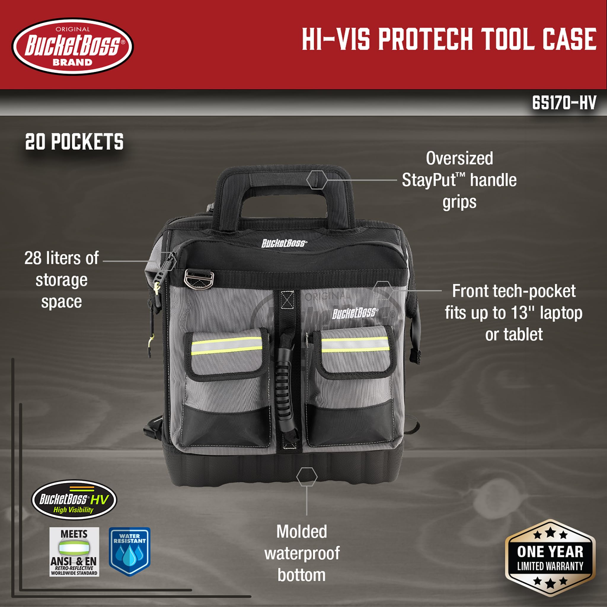 Bucket Boss HV ProTech Tool Case - Professional Series (65170-HV) Grey & Black - Durable Tool Bag for Electricians, Contractors & DIY Projects