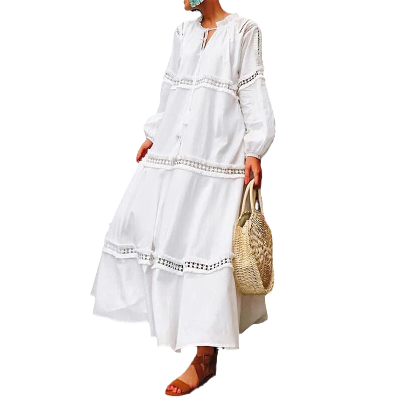 Boho Summer Maxi Dress for Women - Cotton Loose Shirt Dress with White Lace Detail - Beach Cover Up, Vacation Outfit & Casual Tunic Dress