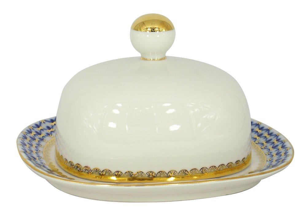 Lomonosov Porcelain Butter Dish - Elegant Rectangular Cobalt Net Design - Perfect for Breakfast, Brunch & Tea Parties - Russian Fine Dining Tableware