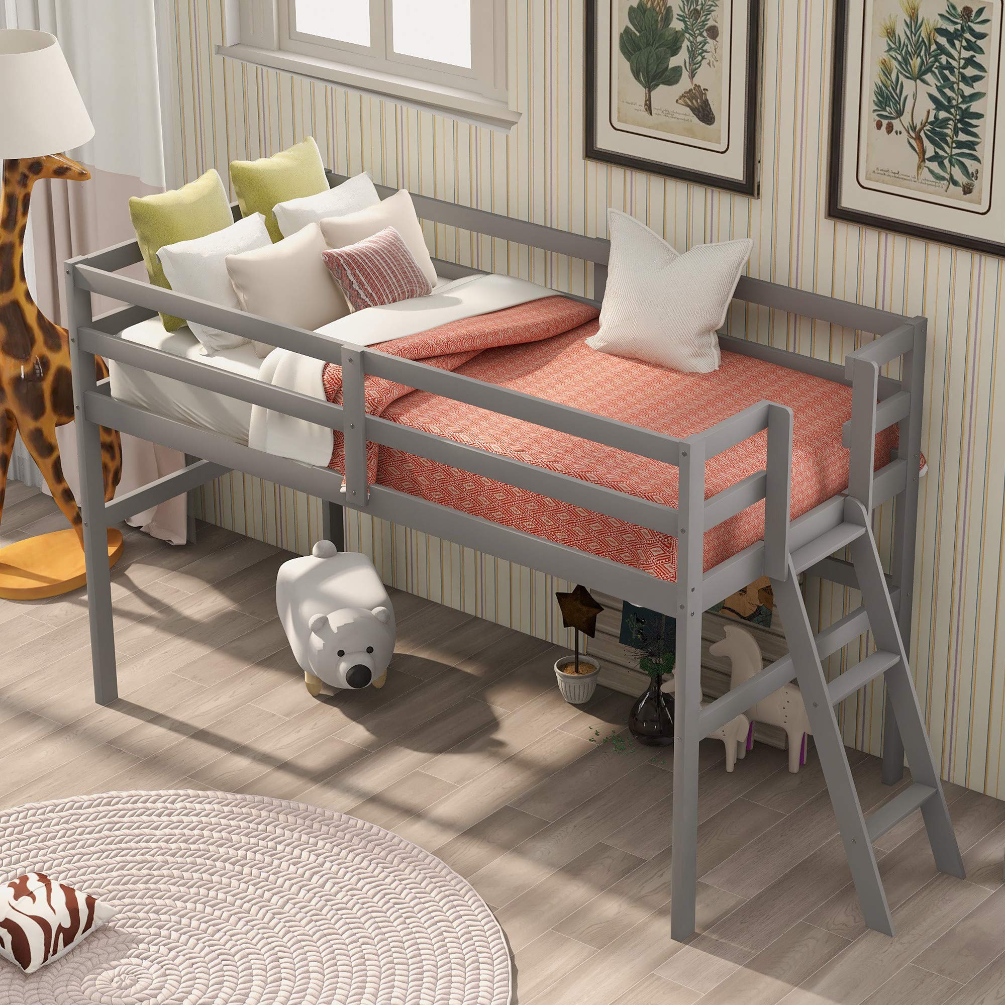 Twin Loft Bed Frame with Full-Length Guardrail & Ladder - Sturdy Wooden Low Bunk Bed for Kids & Teens, No Box Spring Needed (Espresso) - Perfect for Small Bedrooms, Dorms & Space-Saving Kids' Rooms
