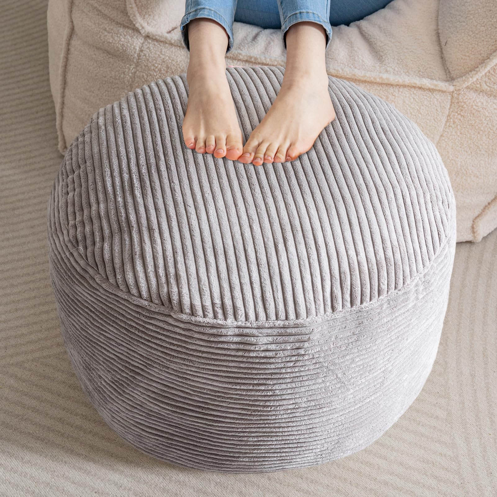 MAXYOYO Round Stuffed Pouf Ottoman - Corduroy Foam-Filled Footrest, 20 x 15 Inches, Grey | Perfect for Living Room, Bedroom & Nursery Decor
