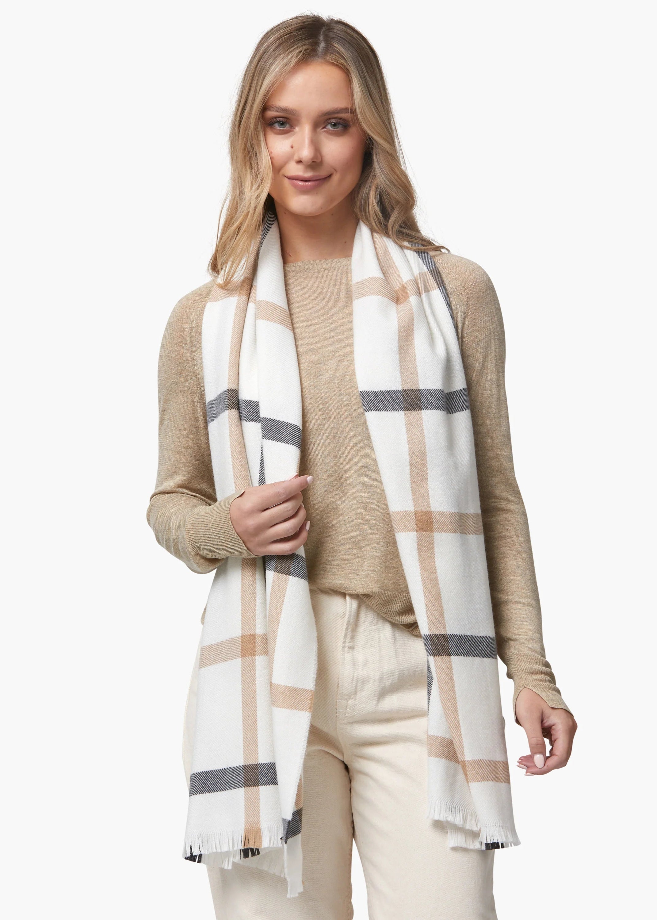 Foxford Giant Merino Wool Scarf - Soft Warm Winter Accessory, White & Neutral Stripe for Men & Women | Perfect for Cold Weather, Outdoor Activities & Fashion Layering