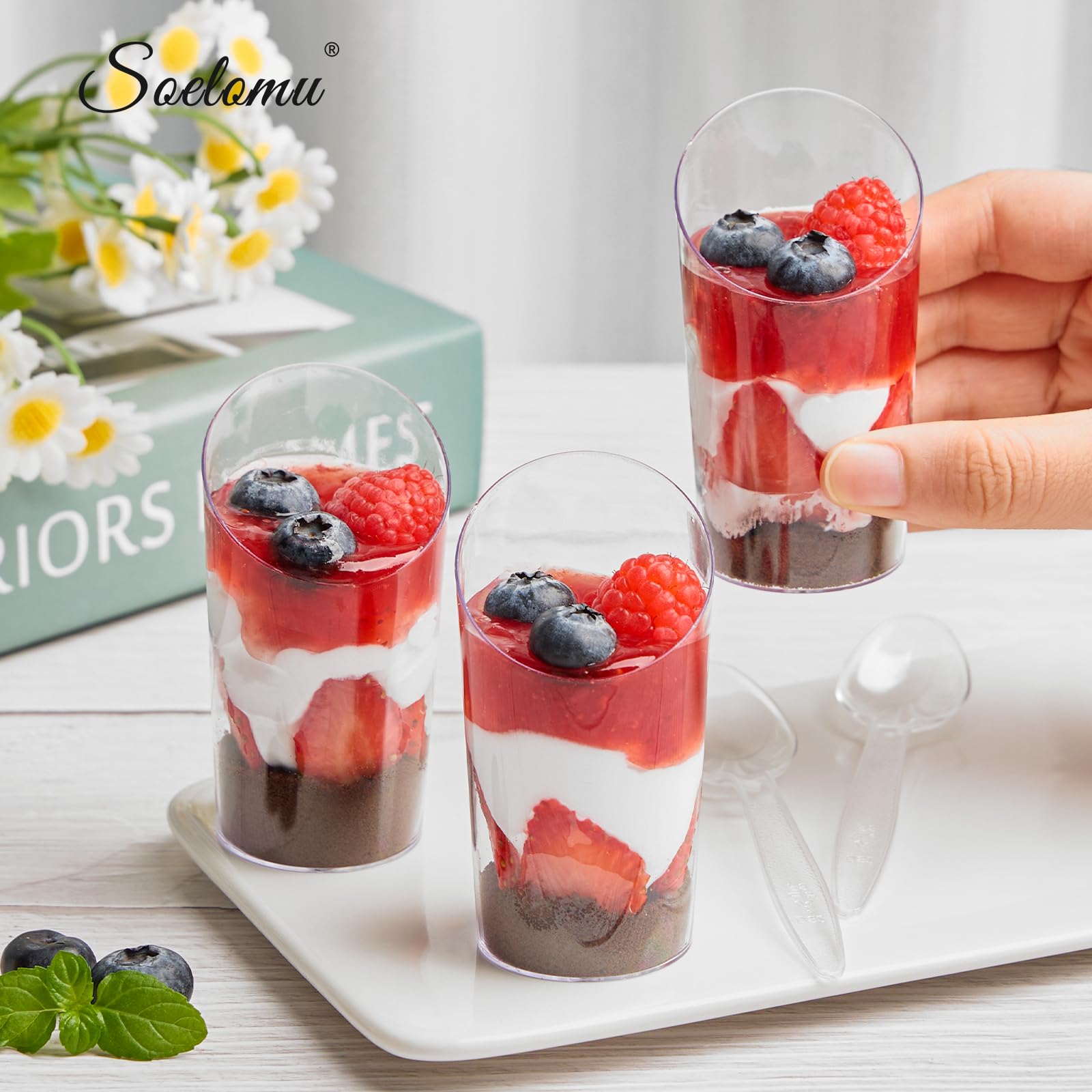 100-Pack Square & Slanted Plastic Dessert Cups with Spoons - 2.2oz & 5oz Mini Party Shooters for Banana Pudding, Yogurt, Jello, Fruit, Appetizers - Perfect for Weddings, Baby Showers & Catering Events