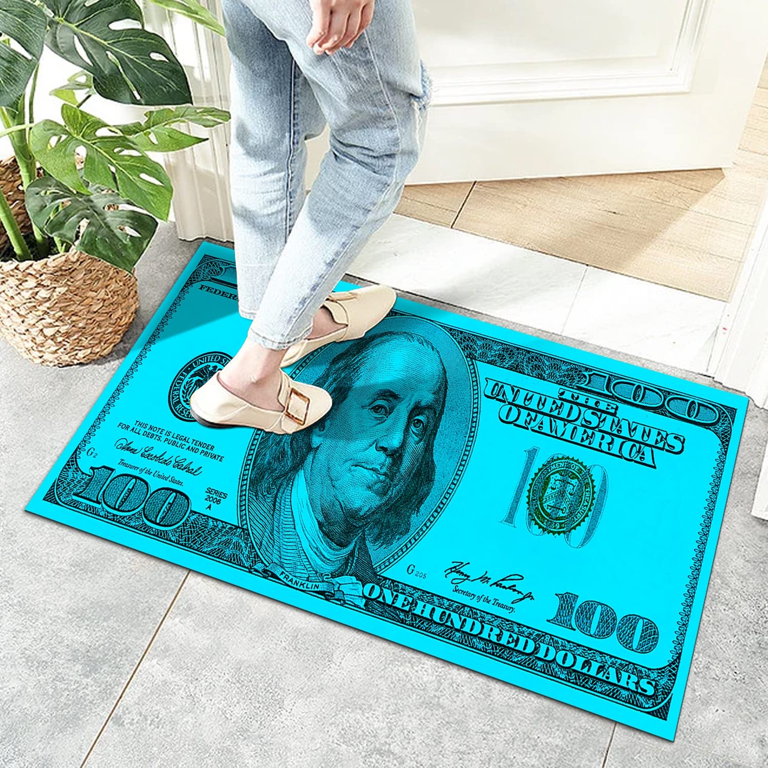 GUBIYU Blue 100 Dollar Bill Area Rug - Funny Money Print Floor Carpet with Non-Slip Backing 24x36 Inches - Perfect for Living Room, Bedroom, Kitchen Runner, Laundry & Bathroom Mat