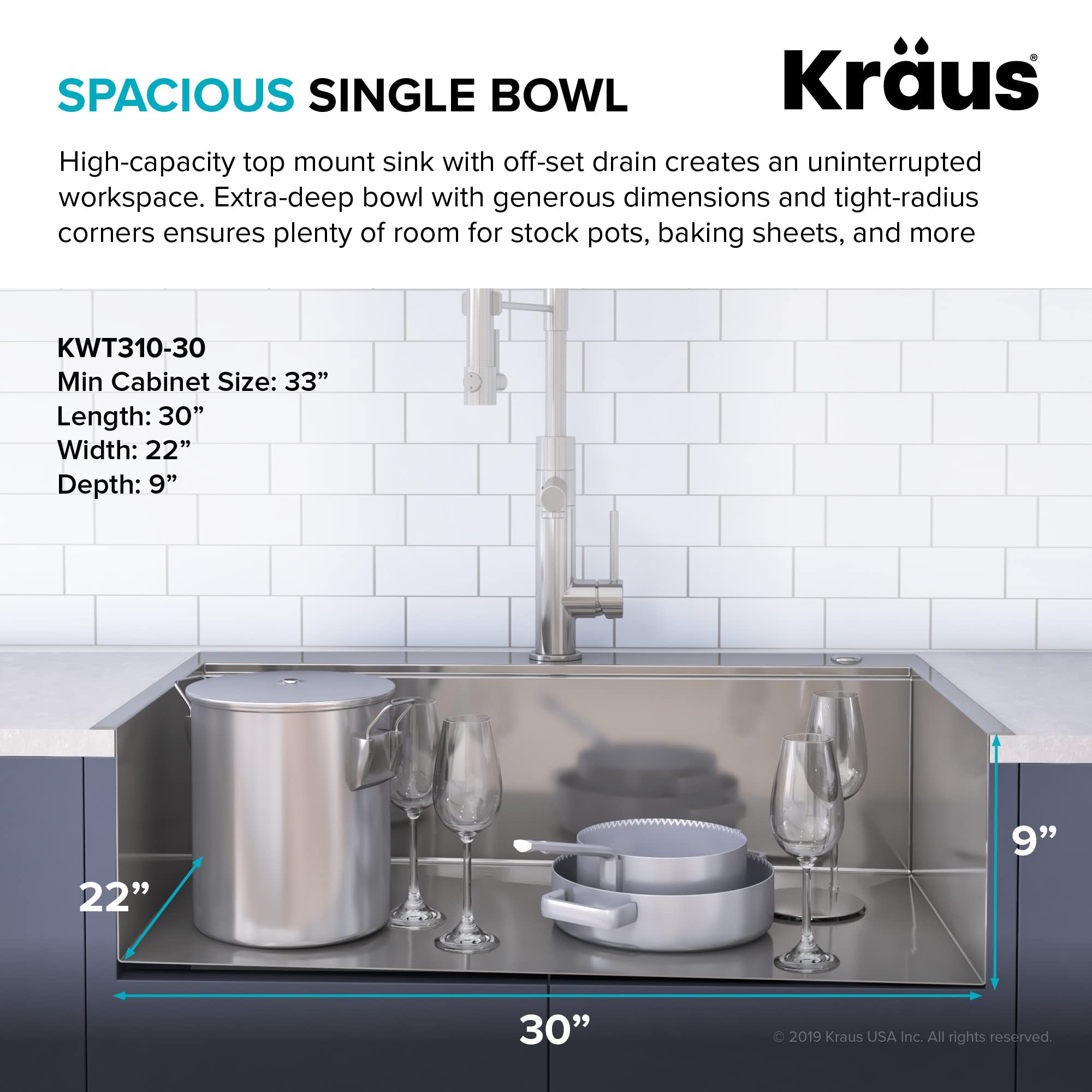 KRAUS Kore 30-inch Drop-In 16 Gauge Stainless Steel Single Bowl Kitchen Sink with WasteGuard Garbage Disposal & Accessories (5-Pack) - Perfect for Modern Kitchens, Restaurants & Food Prep Areas