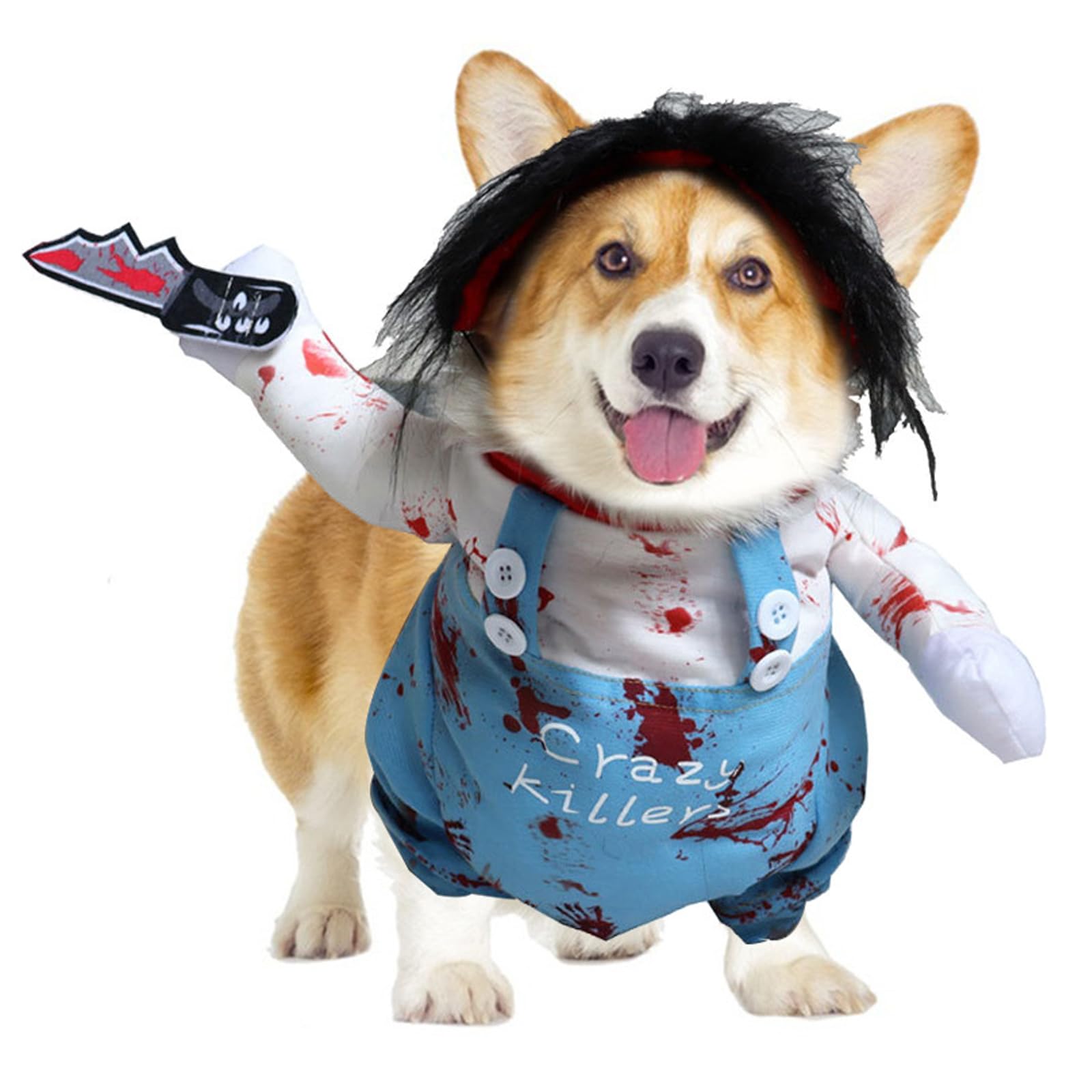 Scary Halloween Dog Costume - Killer Blood Knife & Funny Doll Wig for Small to Large Dogs | Pet Cosplay for Halloween Parties & Spooky Events