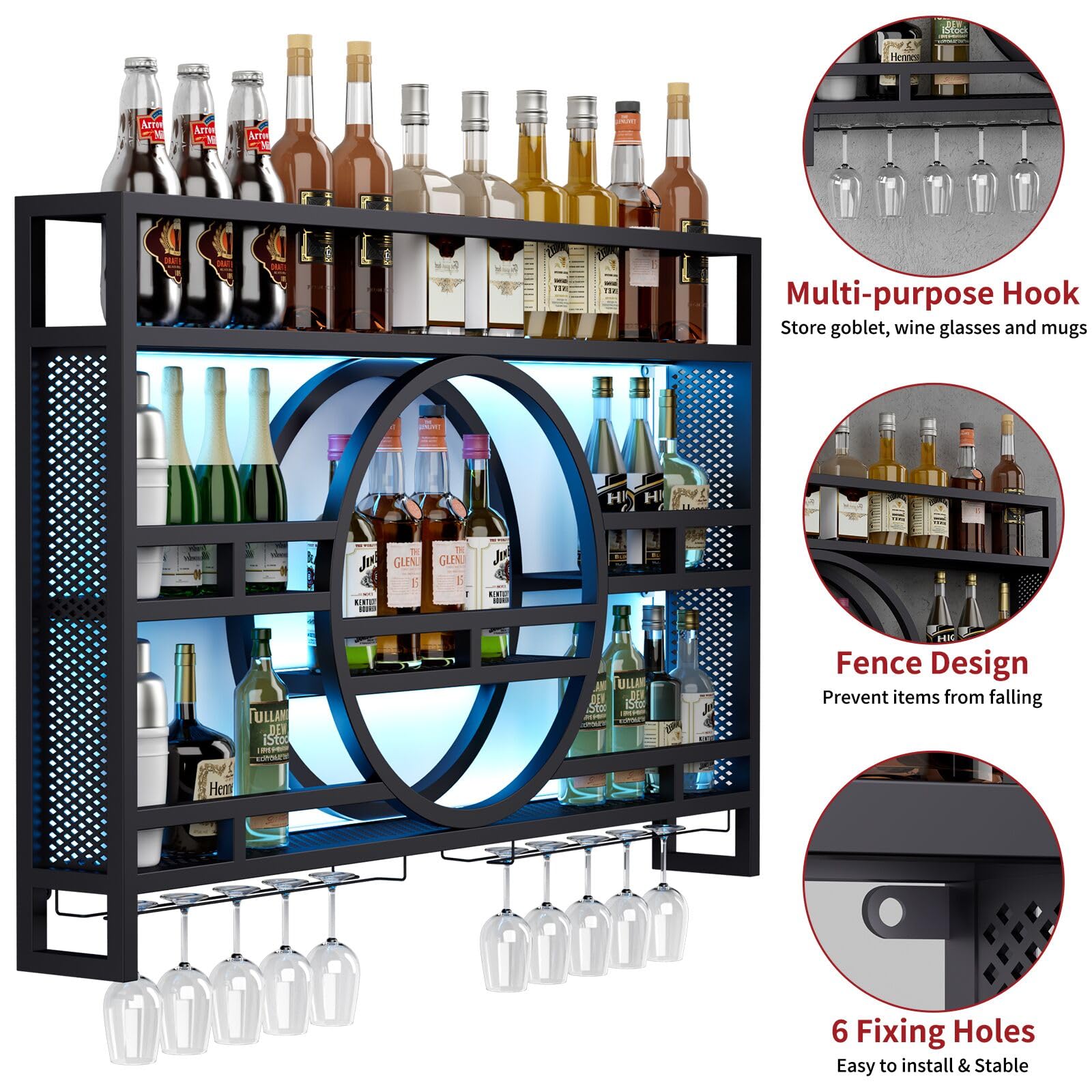3-Tier 47-Inch Wall Mounted Wine Rack with LED Lights | Metal Floating Bar Shelves with Wine Glass Holder | Industrial Liquor Shelf for Home Bar, Kitchen & Dining Room | No Assembly Required | Perfect for Wine Storage & Entertaining Guests