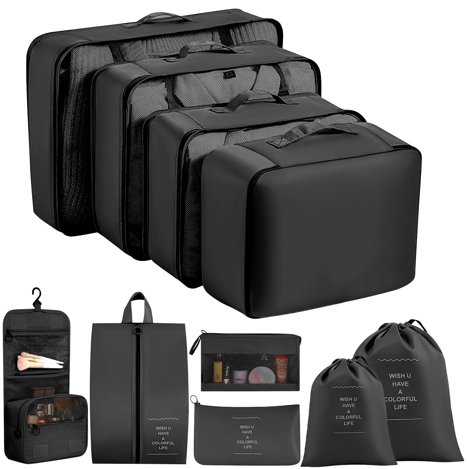 10-Piece Packing Cubes Set for Travel - Lightweight Suitcase Organizer & Luggage Storage Bags - Perfect Travel Accessories for Women (Black) - Ideal for Business Trips, Vacations & Weekend Getaways