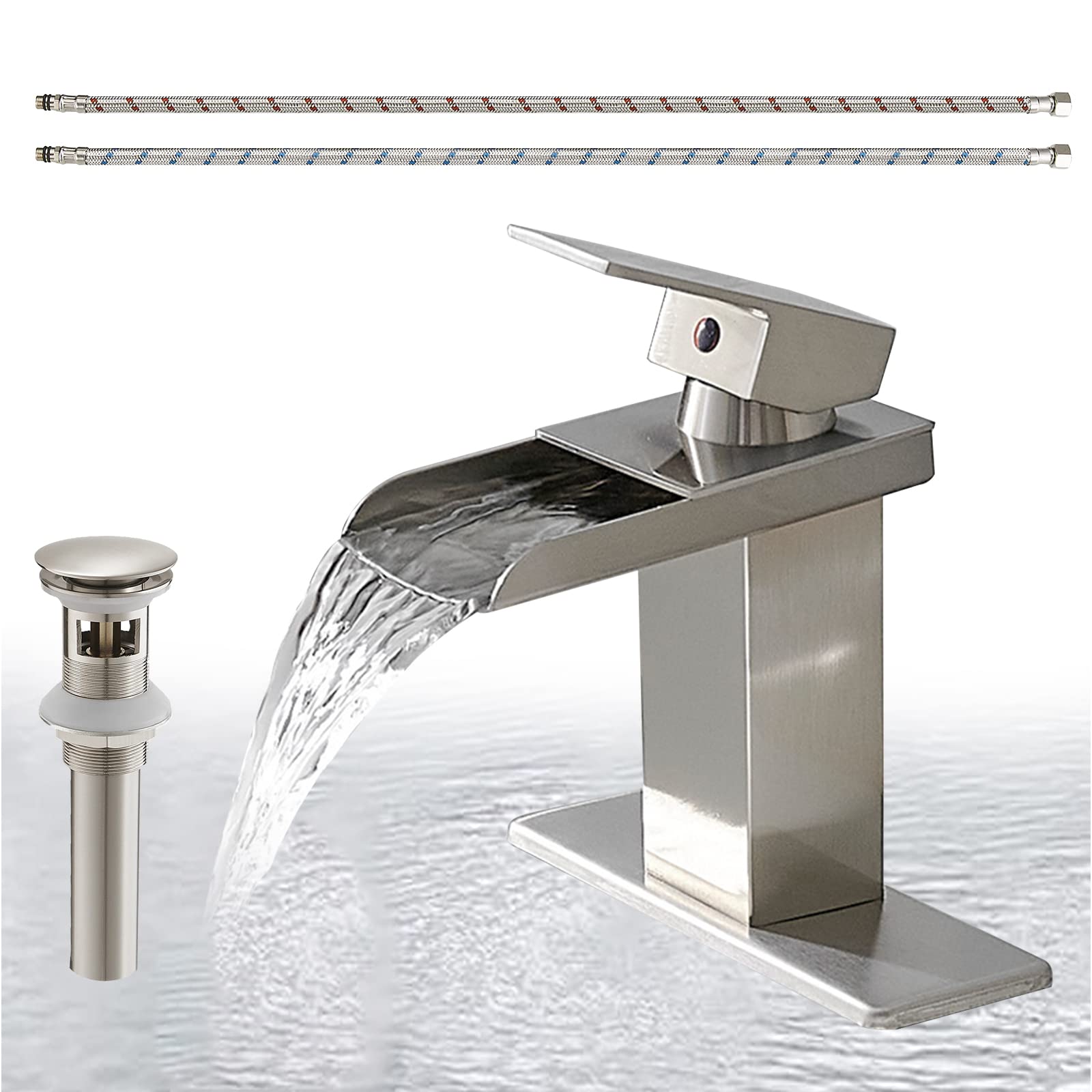 Homevacious Brushed Nickel Waterfall Bathroom Faucet - Single Handle Vanity Sink Faucet with Pop-Up Drain & Deck Plate, Modern Single Hole Lavatory Basin Mixer Tap for Home & Commercial Use - Perfect for Bathroom Renovation & Luxury Hotel Upgrades