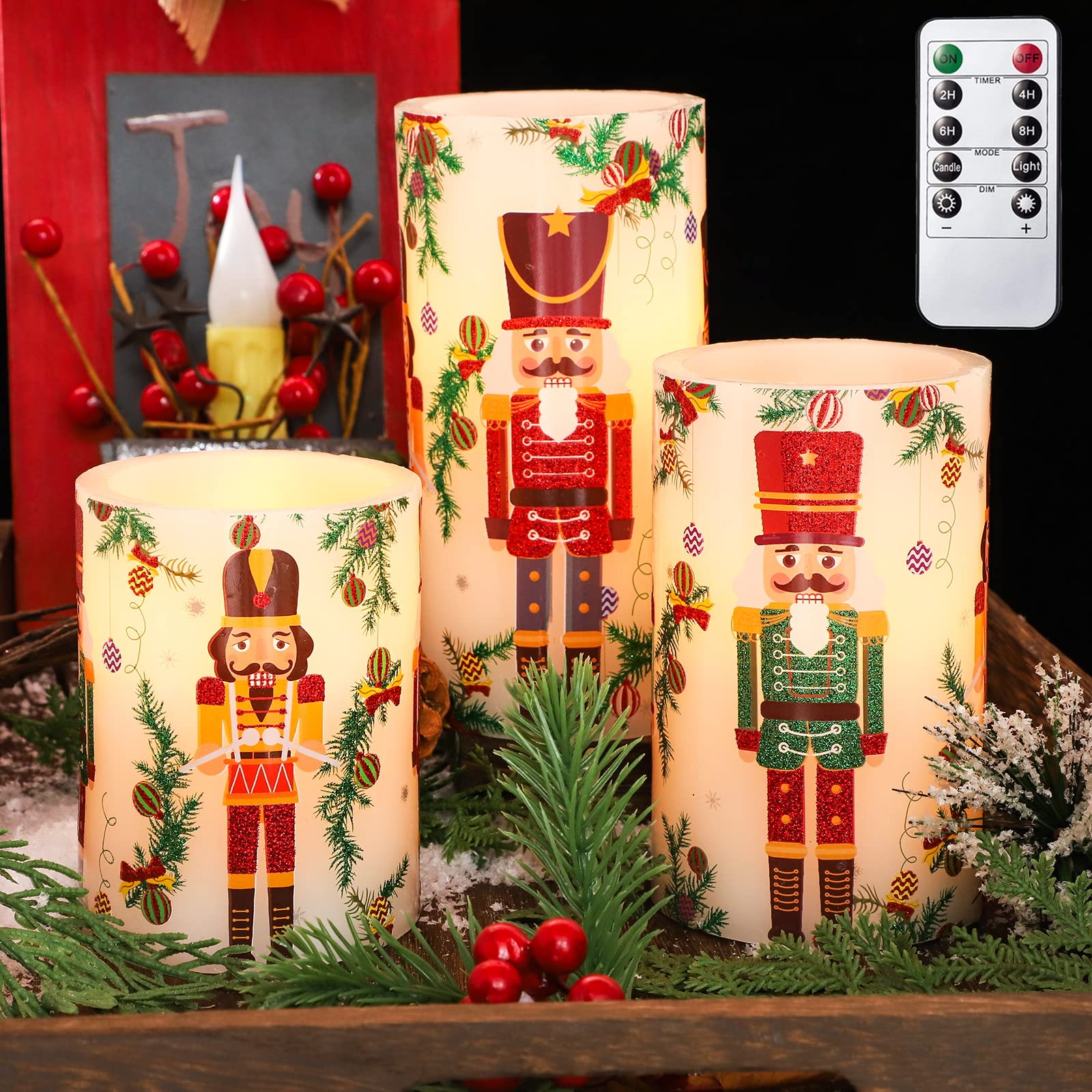 Petristrike Flameless Christmas Candles - Battery Operated LED Pillar Candles with Realistic Flickering Flame, Timer & Remote Control - Perfect for Holiday Decorations, Nutcracker Displays & Cozy Home Ambiance