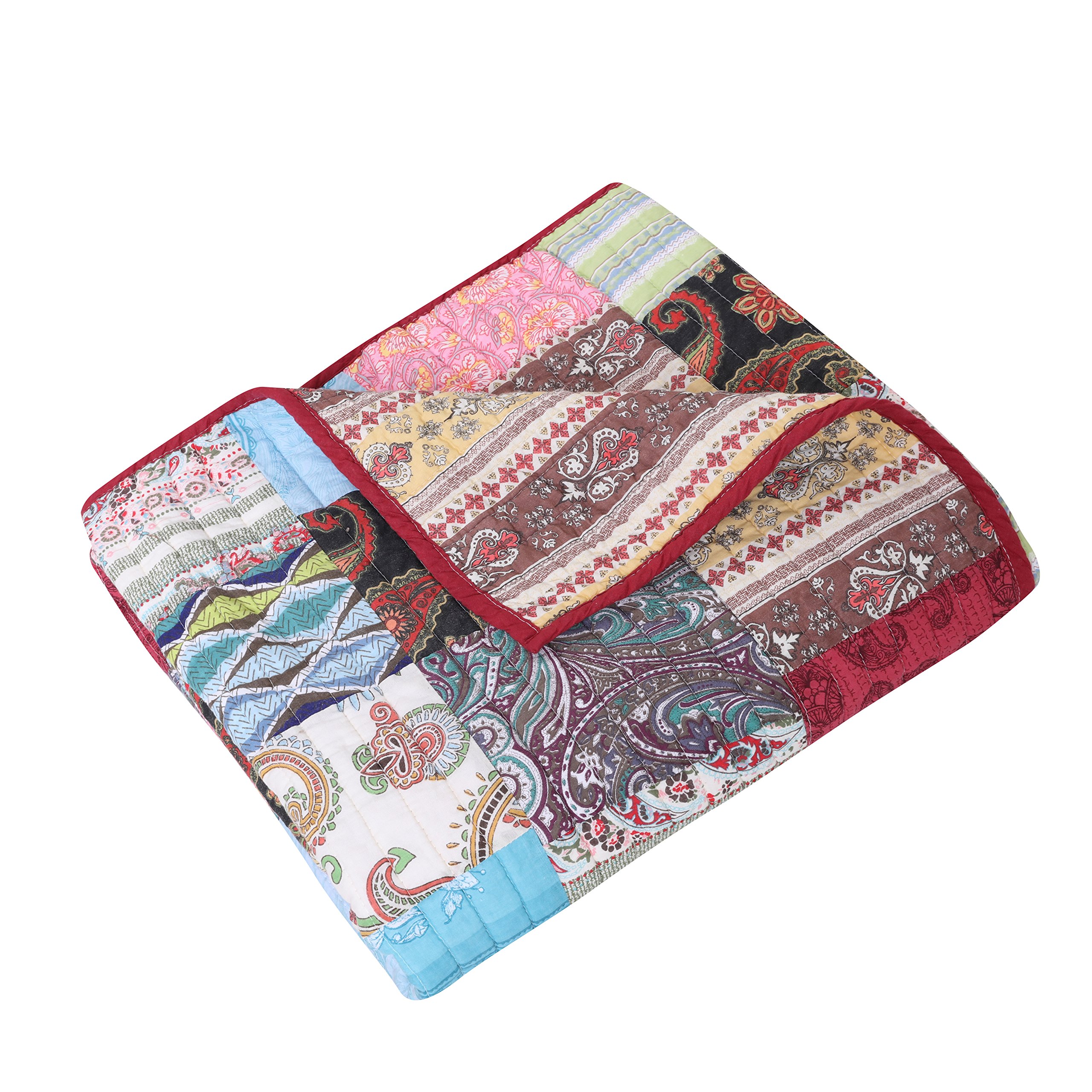 Bohemian Patchwork Quilted Throw Blanket - Soft & Colorful Decorative Bedspread for Couch, Bed, or Outdoor Picnics