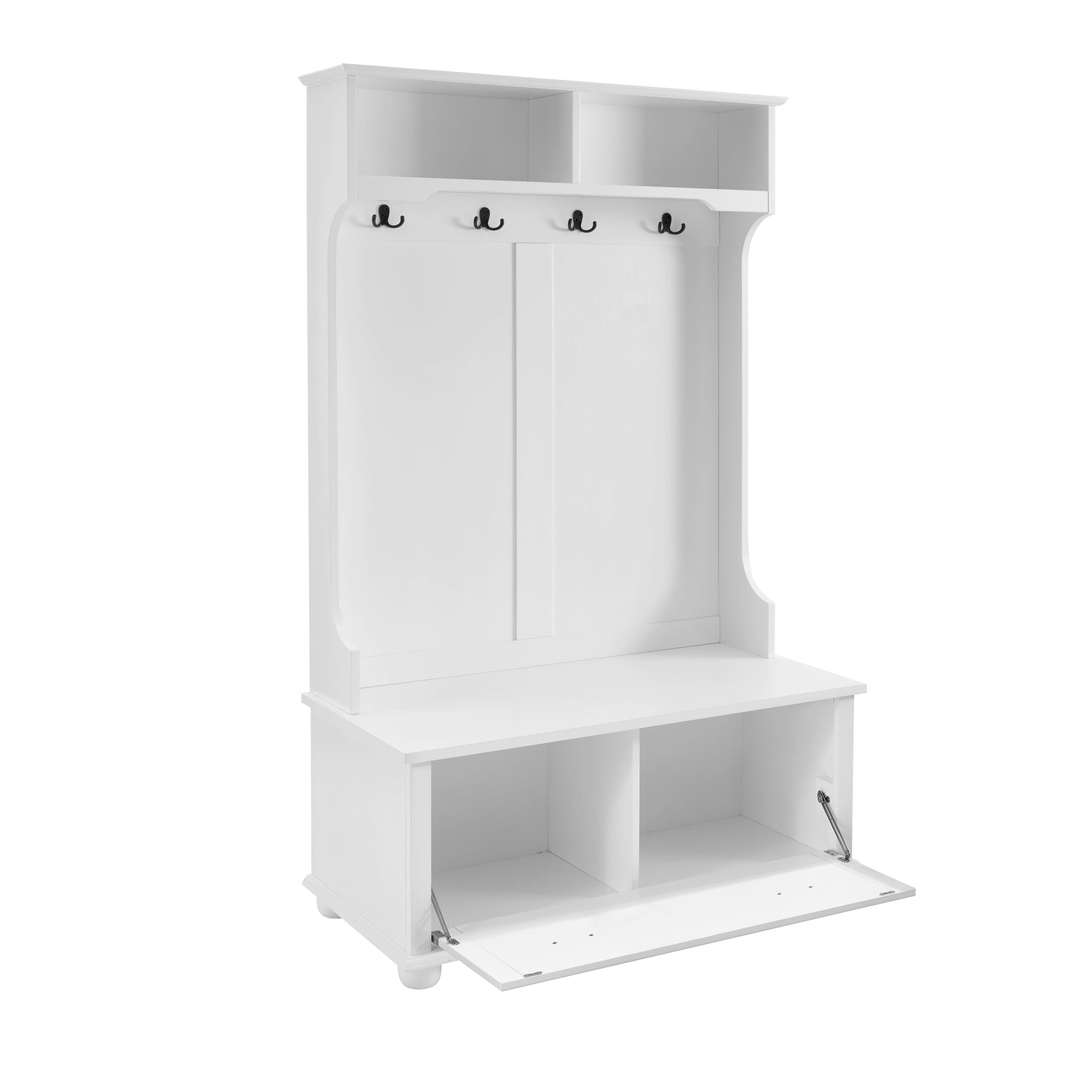 Classic Coastal Style Hall Tree Entryway Bench with Open Shelves & Shoe Storage - Solid Wood Feet, White (40.16