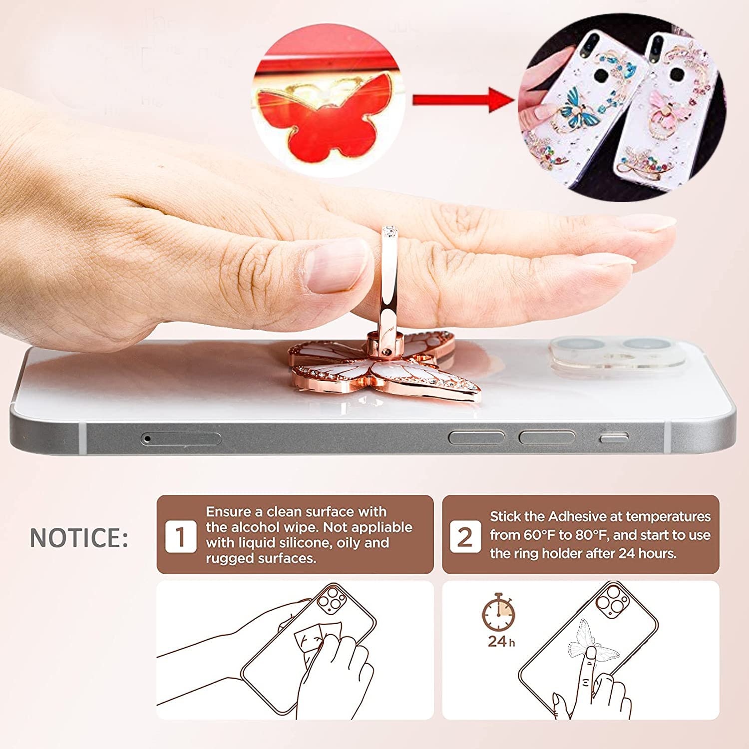 4 Pack Phone Ring Stand Holder - Diamond Bling Butterfly & Swan Kickstand Grip for iPhone Samsung, 360° Rotating Multi-Angle Metal Phone Ring (2 Butterfly 2 Swan 1 Strip) - Perfect for Watching Videos, Taking Selfies & Hands-Free Calling