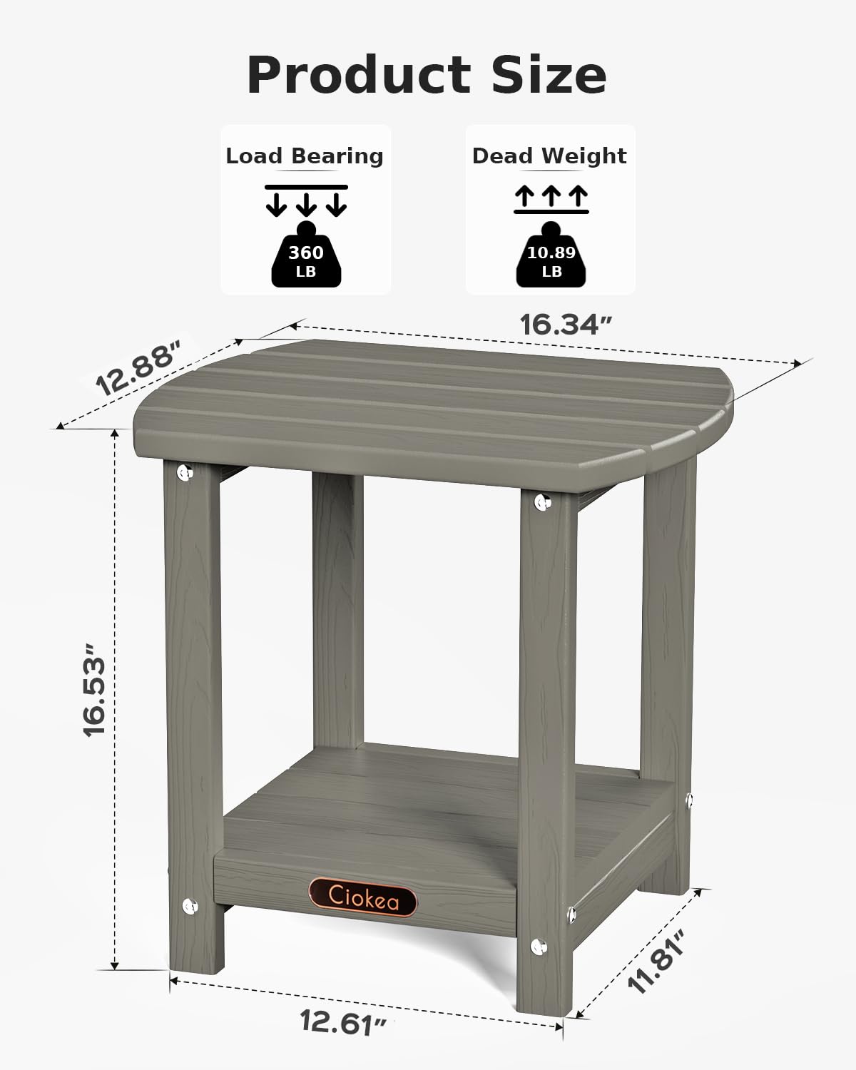 Ciokea 2-Tier Outdoor Side Table - Weather Resistant Adirondack Patio End Table for Pool, Porch & Garden - Sturdy Modern Grey Accent Table for Drinks, Books & Decor
