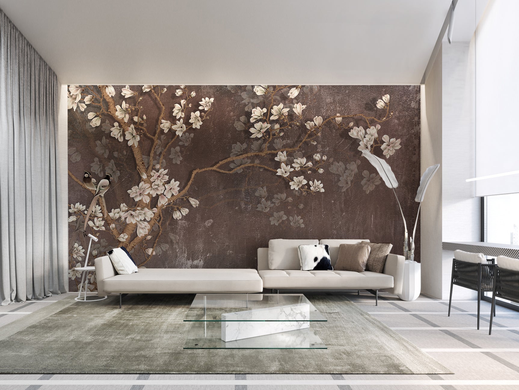 Brown White Floral Mural Wallpaper M1152 - Self-Adhesive Peel and Stick Wallpaper for Bedroom, Living Room, Nursery Decor