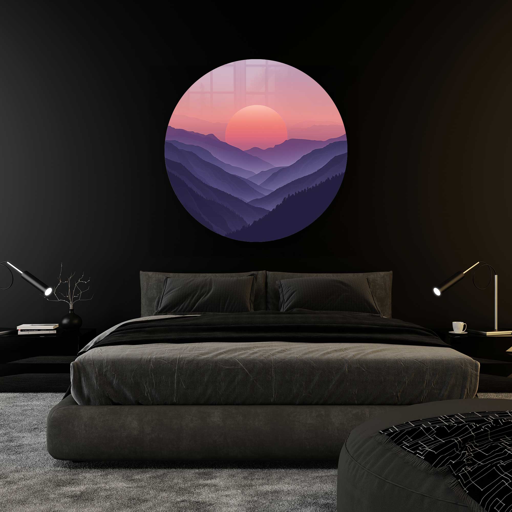 Sunset Beyond the Mountains Round Glass Wall Art - Elegant Home Decor for Living Room, Bedroom & Office