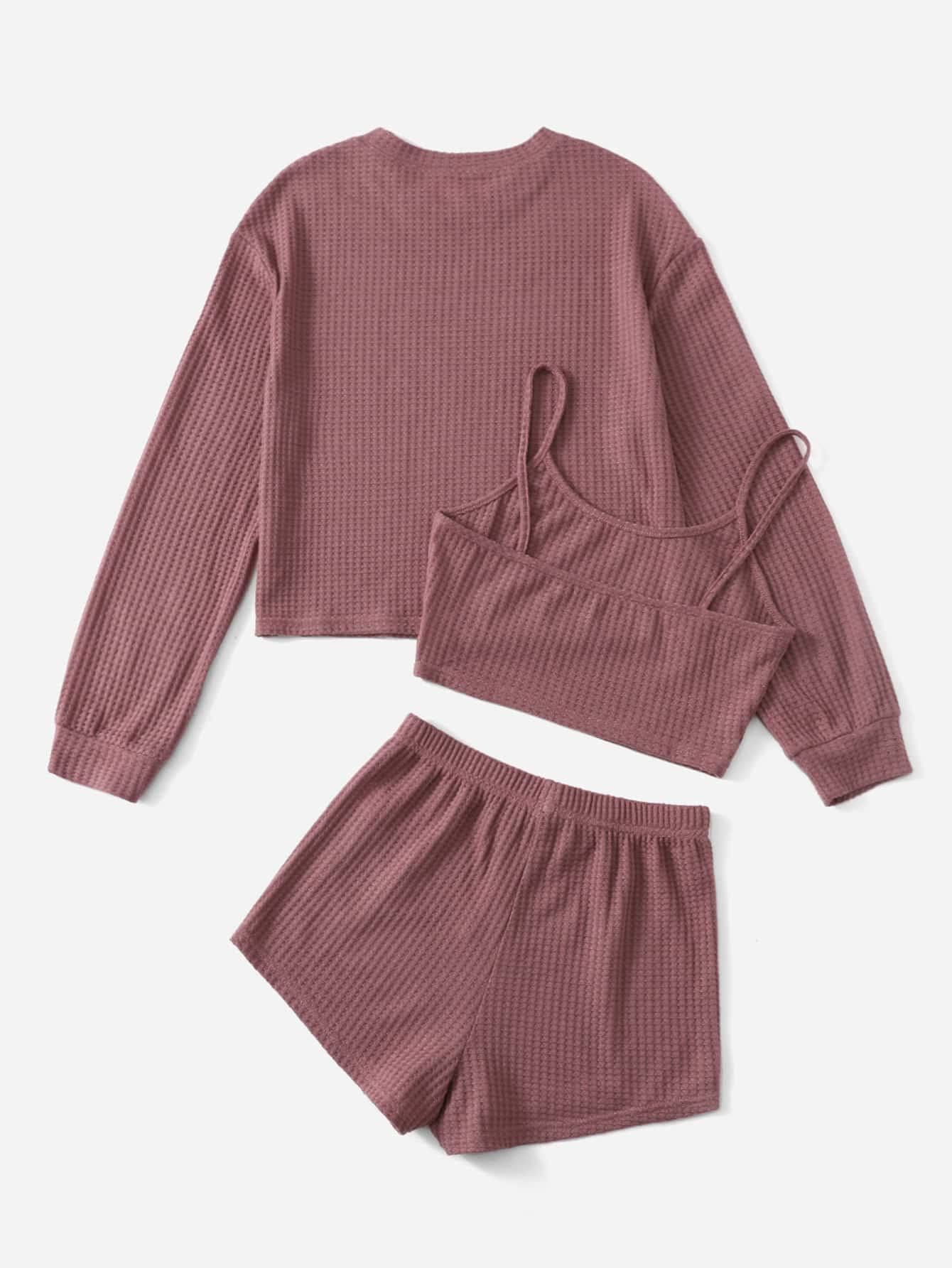 COZYEASE Women's 3-Piece Lounge Set - Ribbed Knit Cami Top, Long Sleeve Tee & Shorts Pajama Set | Soft Sleepwear for Home, Travel & Relaxation