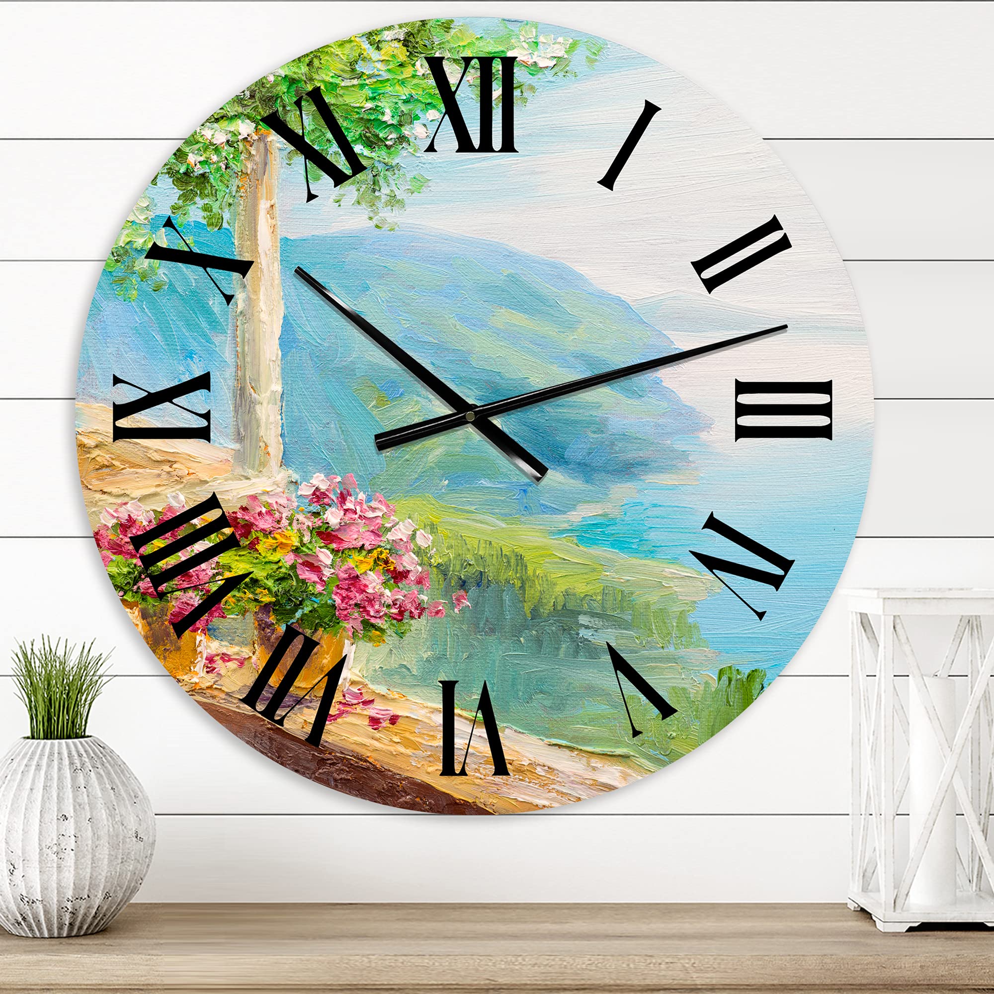 DesignQ Nautical Coastal Wall Clock - Round Blue Sea House with Flowers Decor for Bedroom, Living Room, Office | Perfect Beach House & Coastal Home Decor Gift
