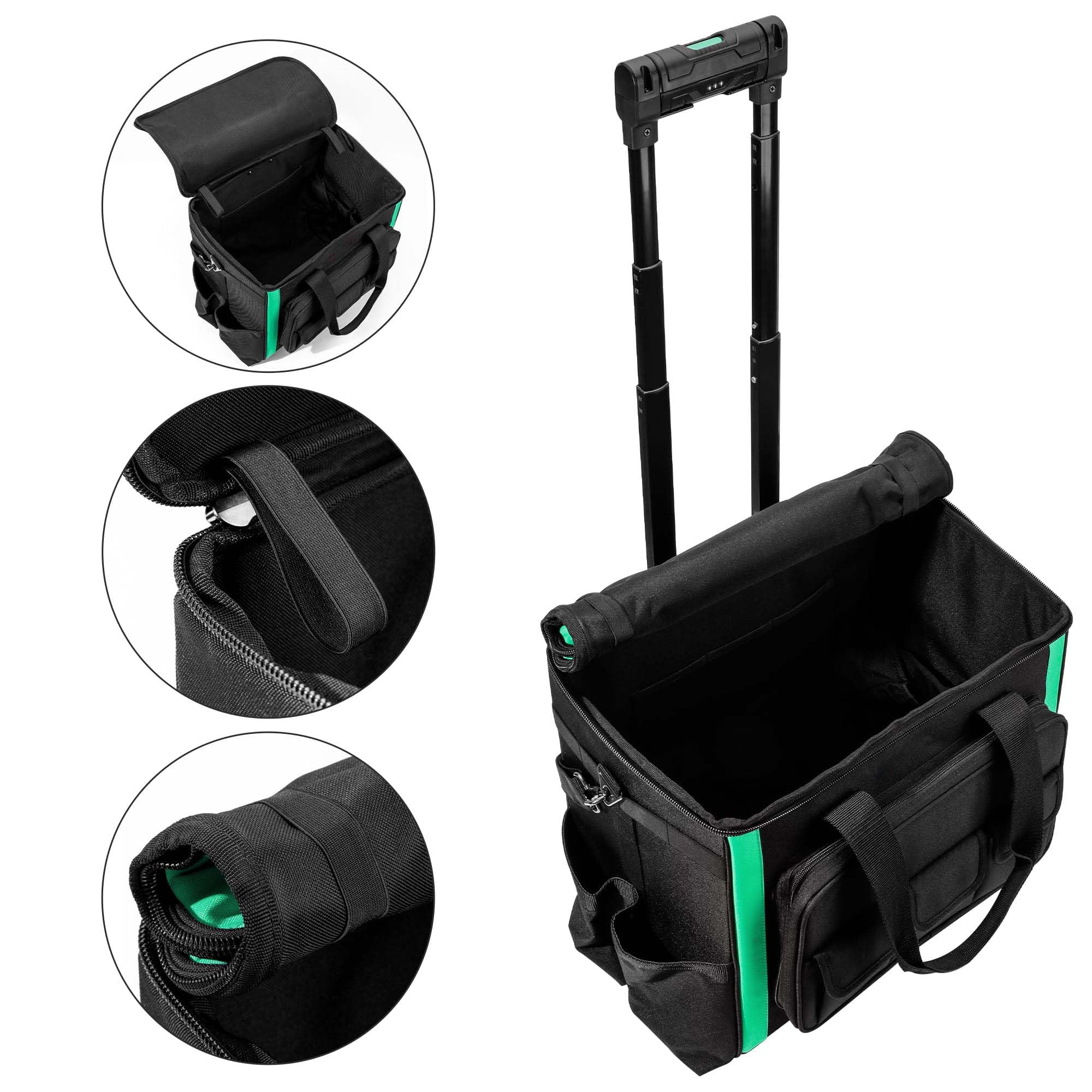 Amazon Basics 20-Pocket Lighted Rolling Tool Bag with Wheels - Heavy Duty Black Tool Organizer for Electricians, Plumbers & Contractors - Perfect for Job Sites, Workshops & Home DIY Projects