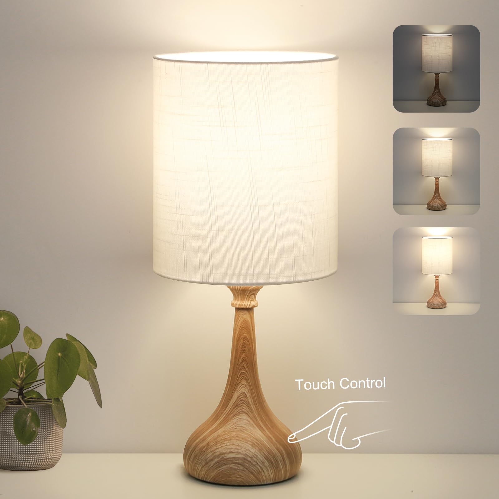 Dimmable Touch Control Table Lamp with Wood Grain Base - 9W 3000K LED Bedside Night Light for Bedroom, Office & Living Room | Perfect for Reading, Relaxing & Nightstand Decor