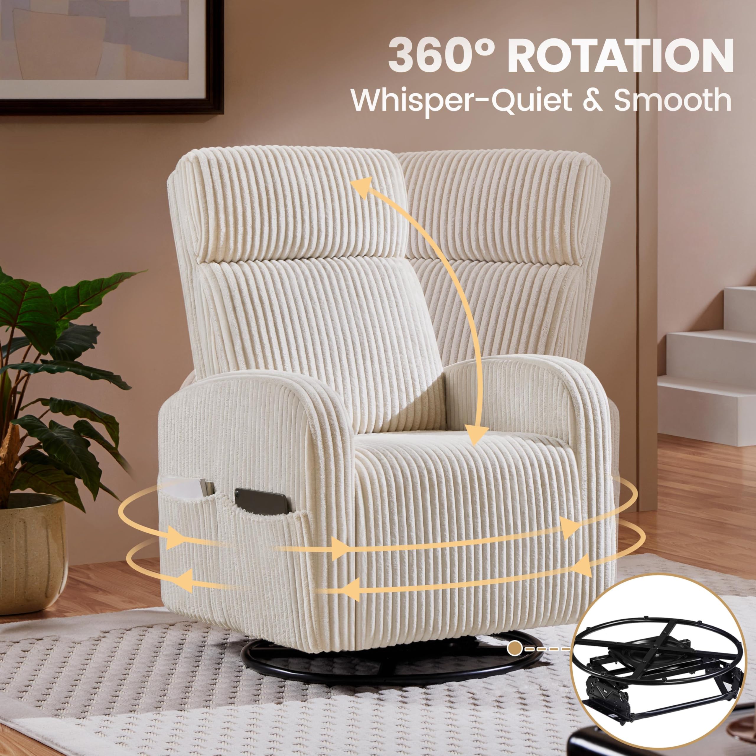 Yaheetech 360° Swivel Glider Rocking Chair - High Back Nursery Nursing Chair with Side Pockets, Soft Corduroy Upholstery, Beige - Perfect for Baby Nurseries, Living Rooms & Breastfeeding Comfort