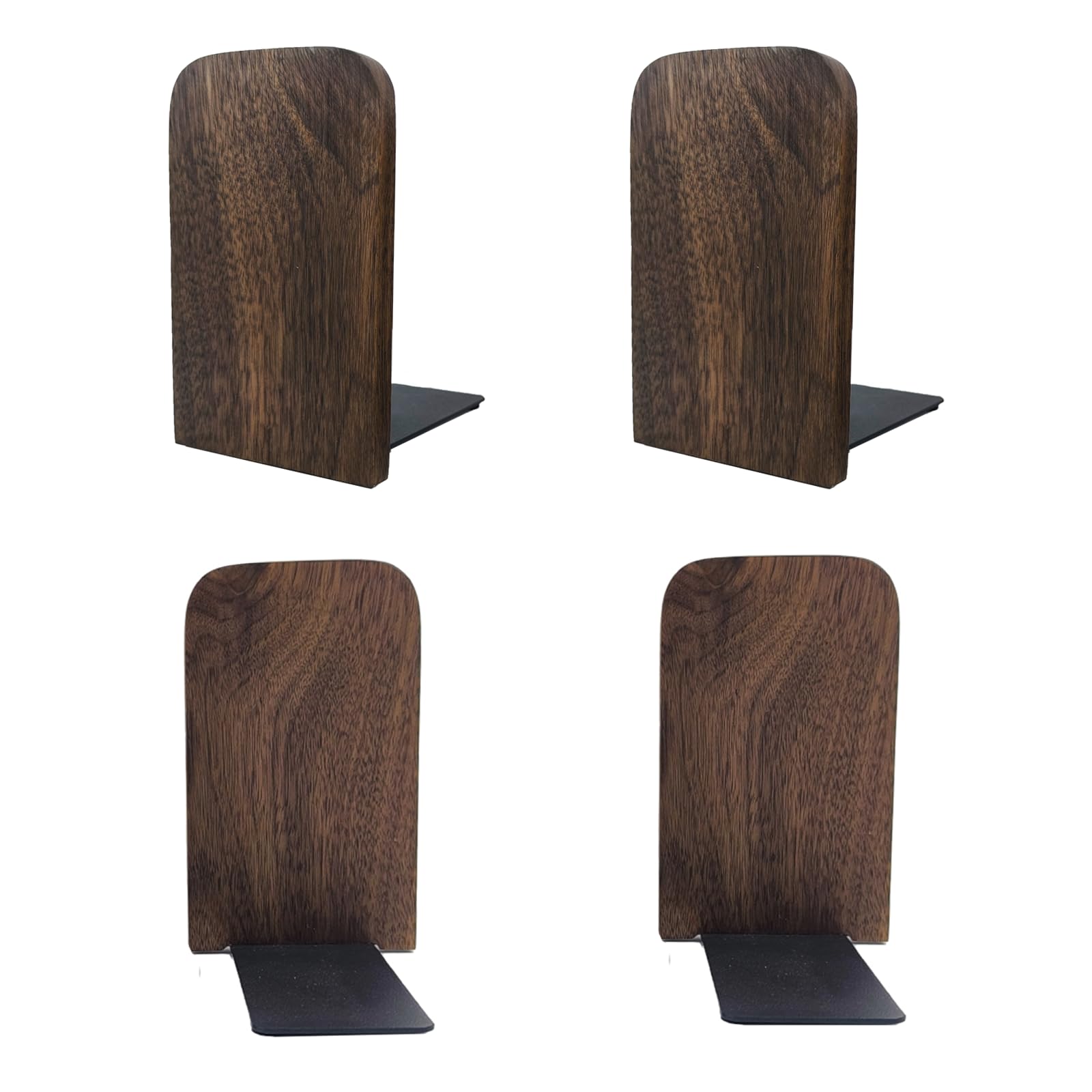 Heavy Duty Wood Bookends for Shelves - Non-Slip Walnut Book Stand Supports for Books, Movies & DVDs (2 Pairs, Medium Size) - Perfect for Home Office, Library & Bookshelf Organization