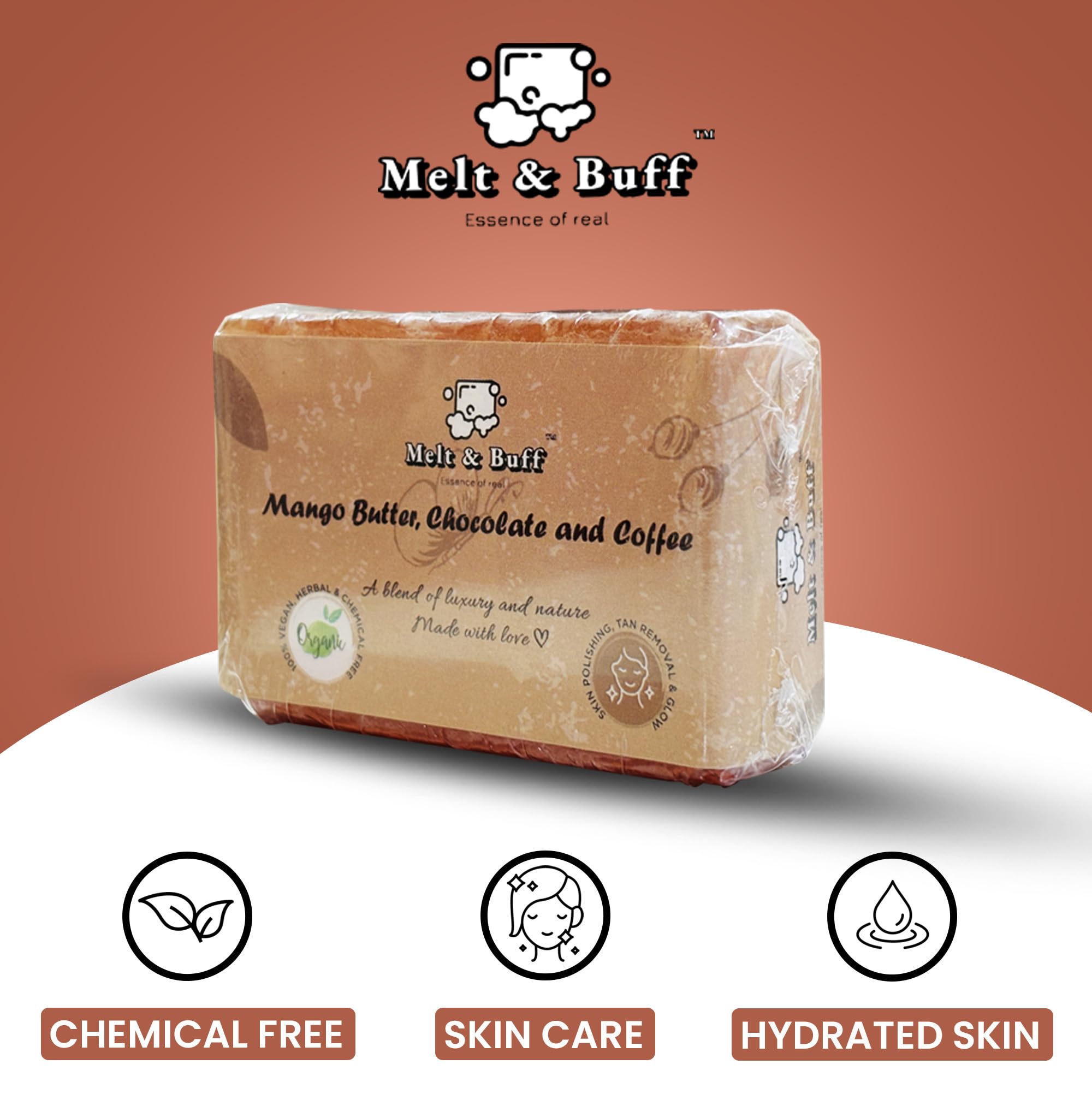 Organic Handmade Melt and Buff Soap Bars - Chemical Free, 100g (Pack of 4) - Chocolate Scented for Luxurious Skin Care & Relaxing Bath Time